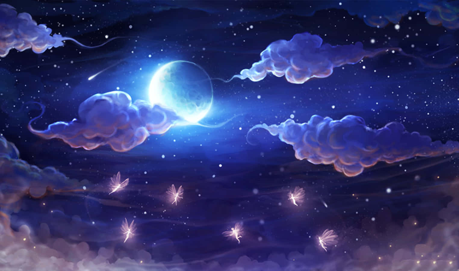 發光的小精靈在明亮的月亮下穿過紫色雲層，在繁星點點的夜空中飛翔。