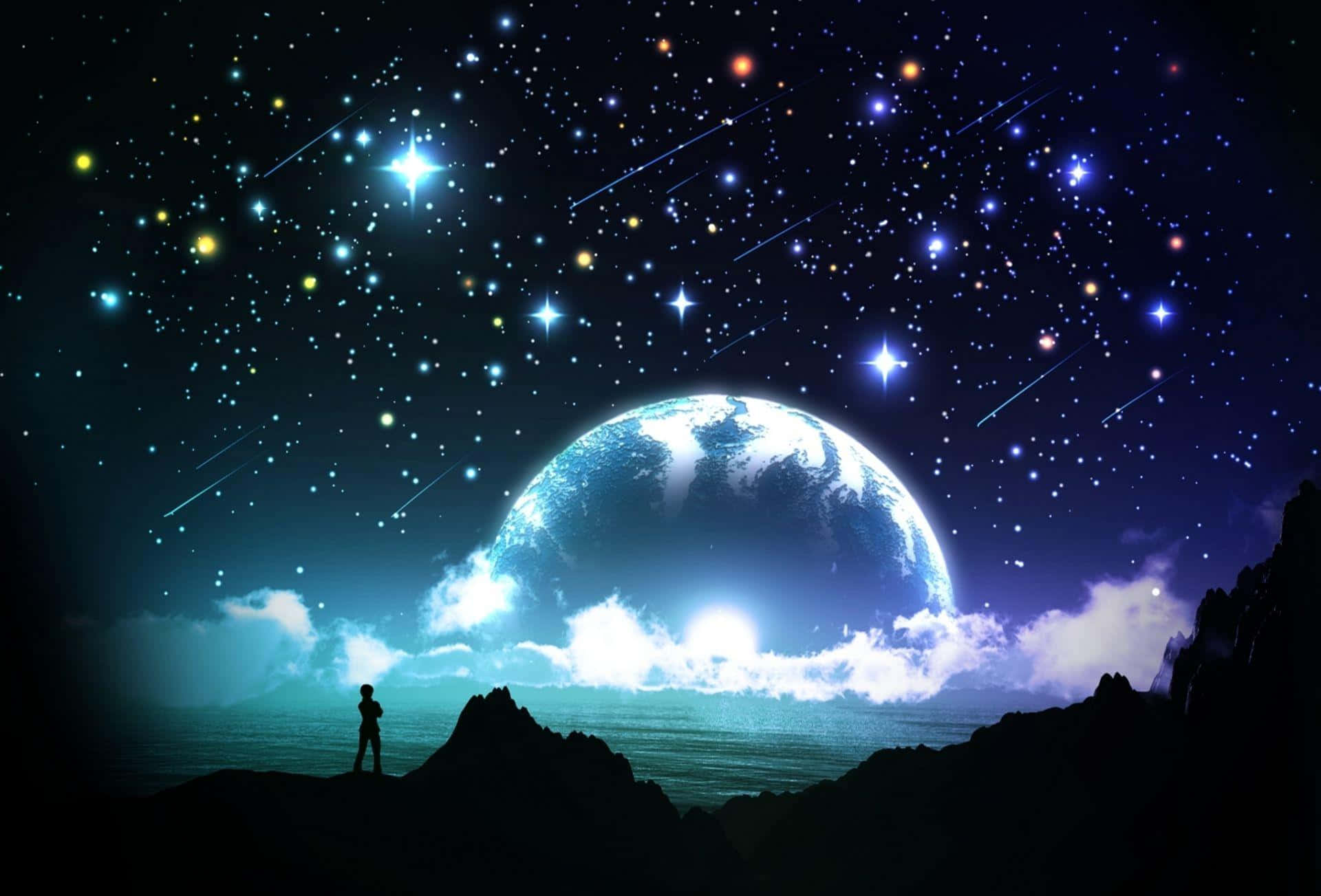 懸崖上一個人嘅剪影，睇住發光嘅行星同流星。