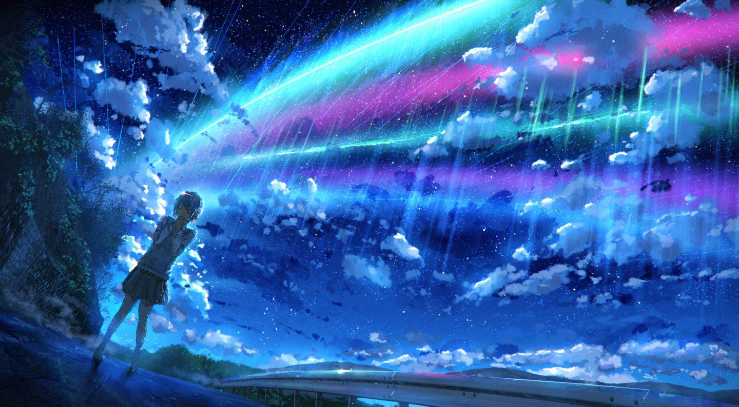 魔法天空宮水三葉 壁紙 — 一個孤獨的動漫女孩站在充滿霓虹極光和落雨的鮮豔宇宙天空下。