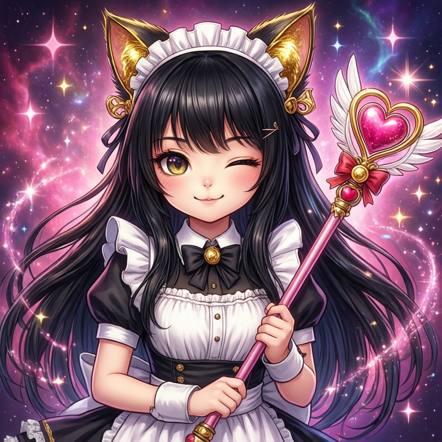 魔法女僕貓 壁紙 — 一個開心的動漫女孩，有貓耳朵和長長的黑髮，拿著心形魔杖，在閃爍的宇宙粉紅色背景上眨眼。