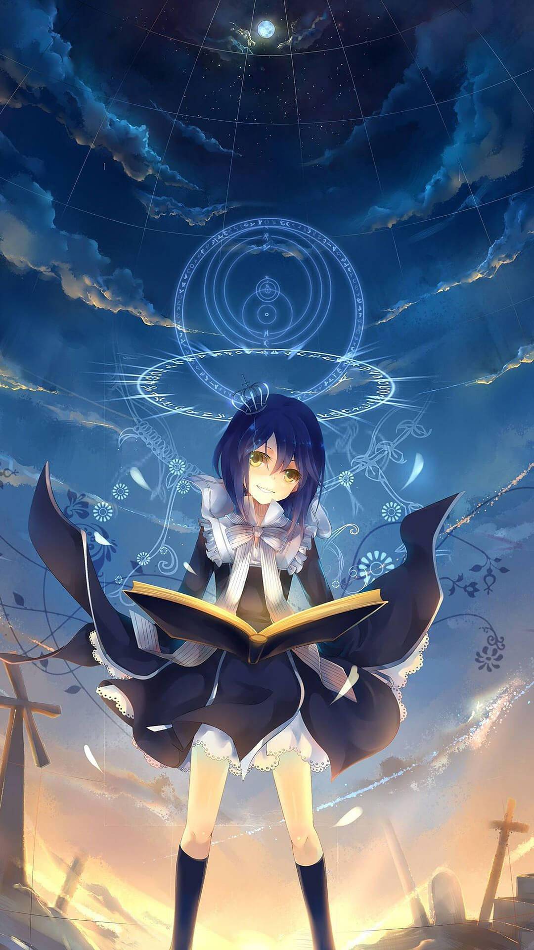 黑髮亮眼的動漫女孩在帶有漂浮符號的魔法天空下閱讀一本書。