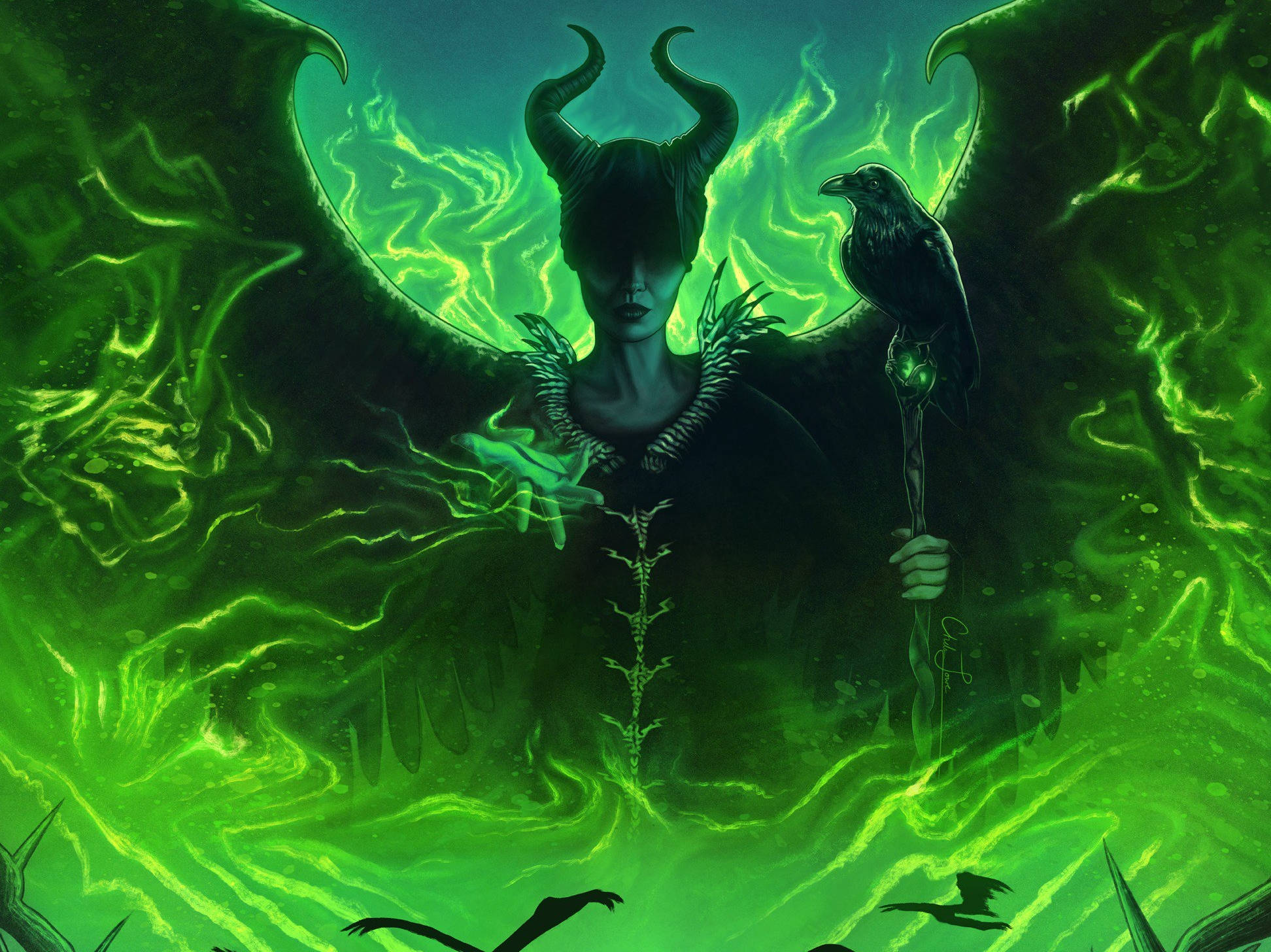 魔法女恐怖凝視 壁紙 — 一個有角頭和發光綠色翅膀的黑暗女巫，手持一根頂端棲息著烏鴉的法杖，周圍環繞著旋轉的翡翠能量。