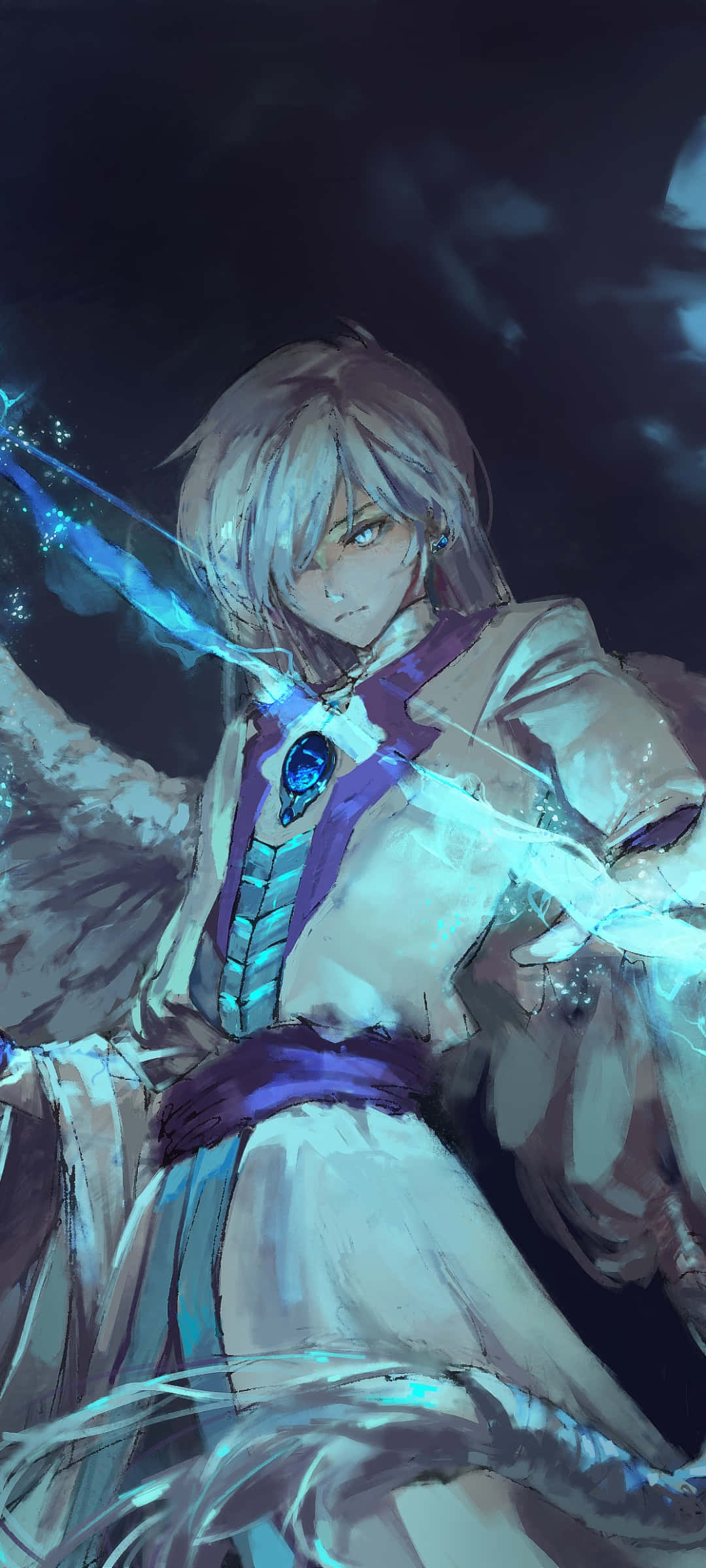 魔法好友！ 壁紙 — 一個淺色頭髮的動漫角色，在黑暗多雲的天空中，雙手流出發光的藍色能量流。