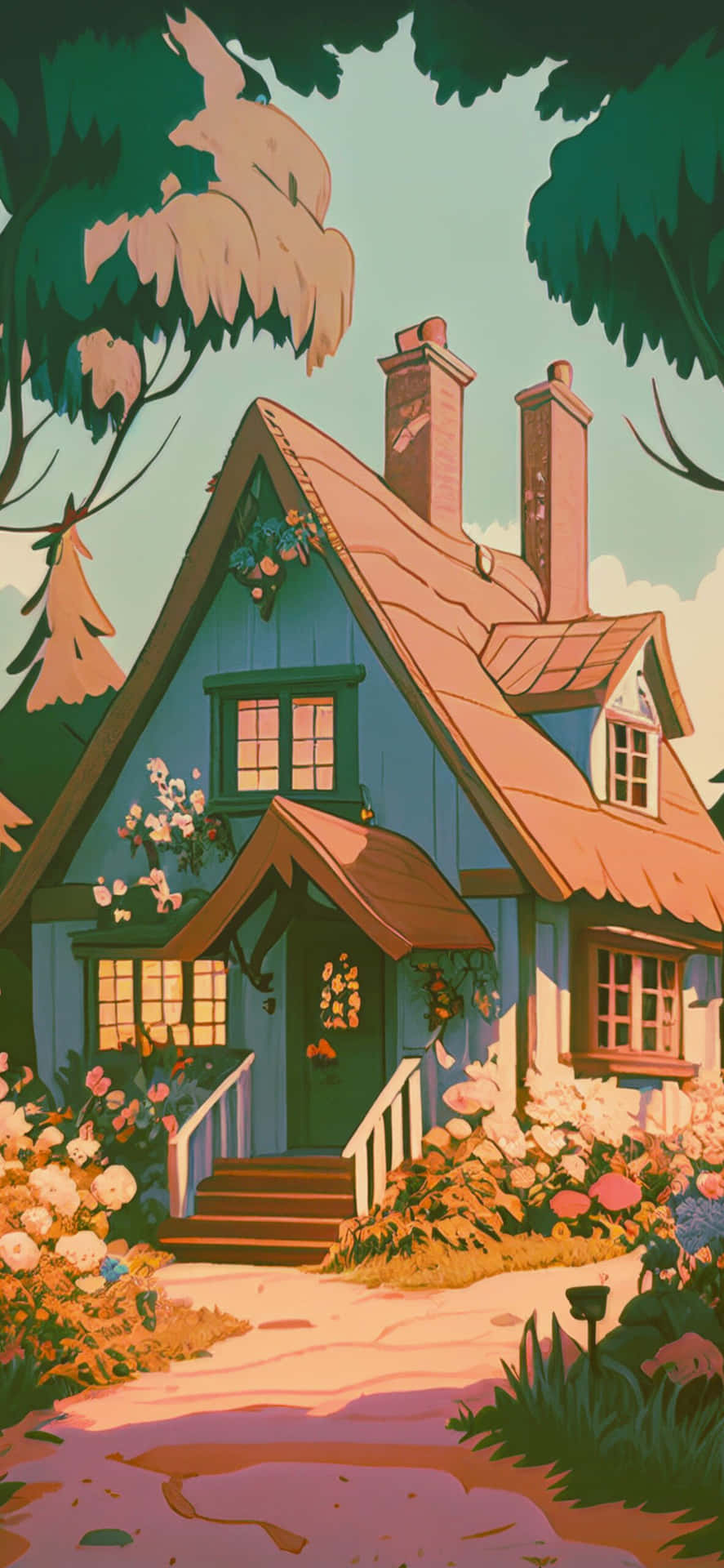 魔法小屋美學插畫 壁紙 — 一間迷人的藍色小屋，帶有溫暖發光的窗戶，坐落在盛開花朵的花園中，天空柔和。