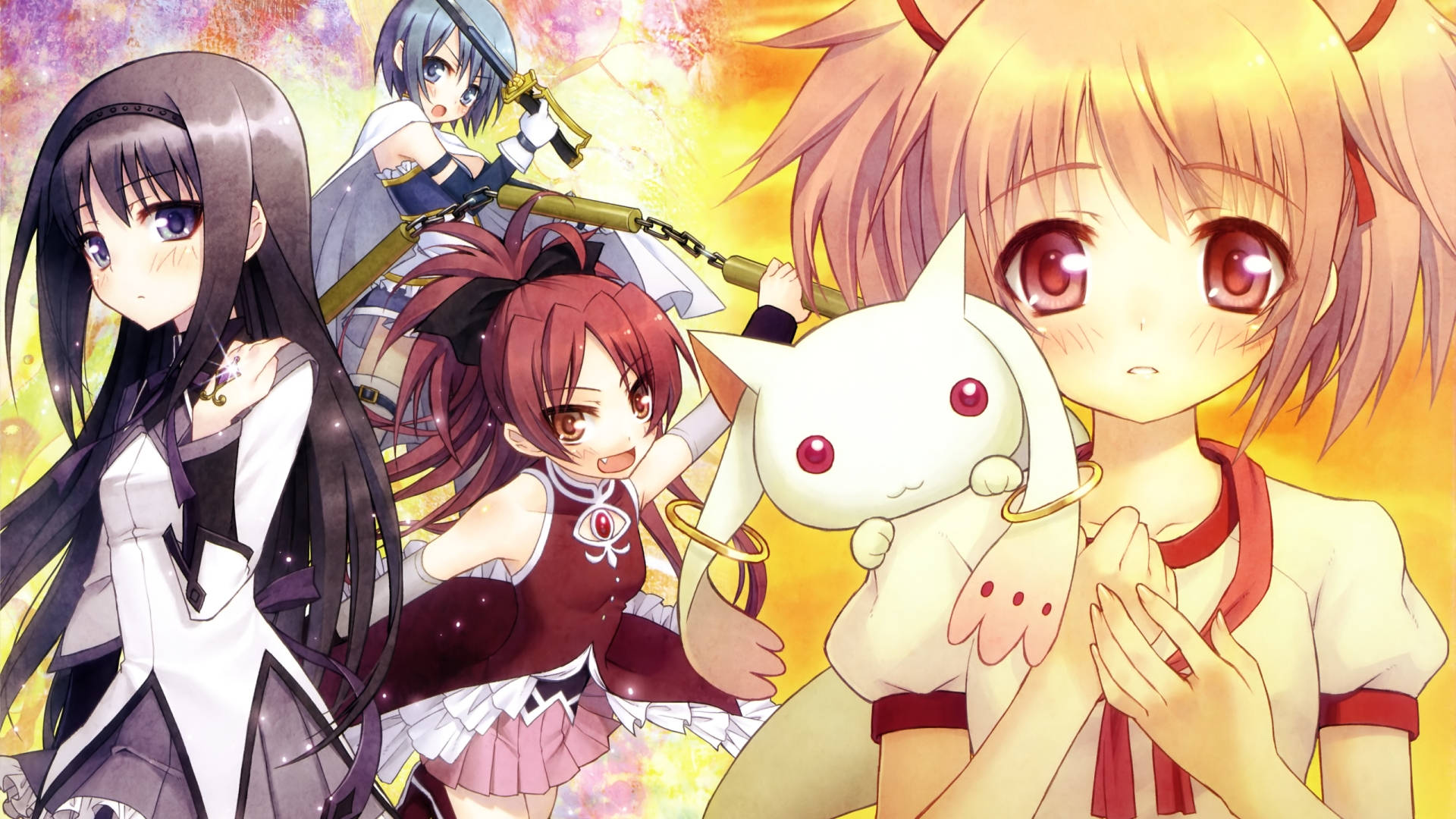 魔法少女小圓 Kyubey 壁紙 — 四個表情豐富、頭髮鮮豔的動漫女孩站在發光的金色背景前，其中一個抱著一隻白色的貓狀生物。