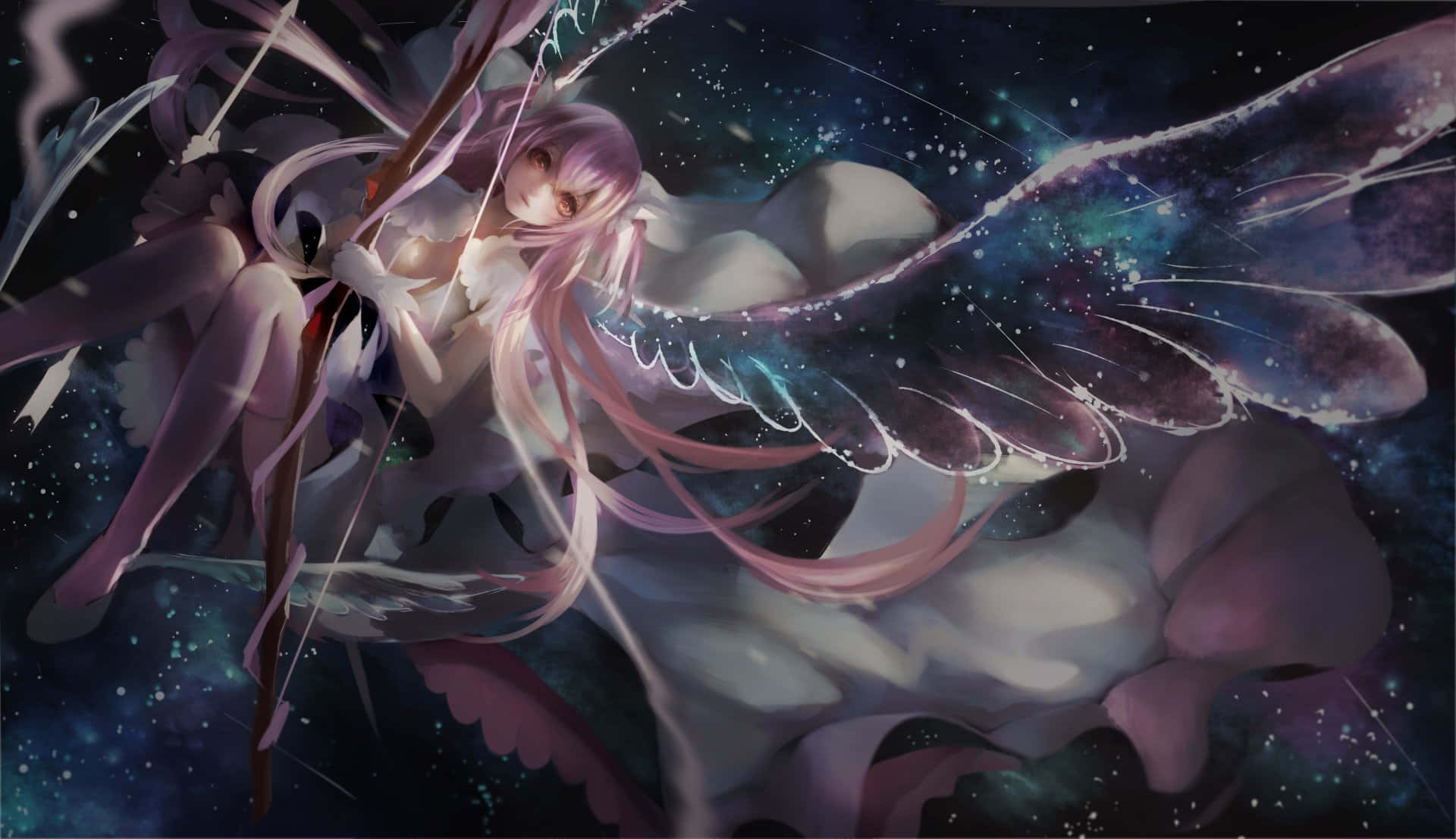 《魔法少女小圓》中五位魔法少女的絕美風采 壁紙 — 一位粉紅色頭髮的動漫女孩，帶著宇宙翅膀，在繁星點點的星雲中漂浮，手持弓箭。