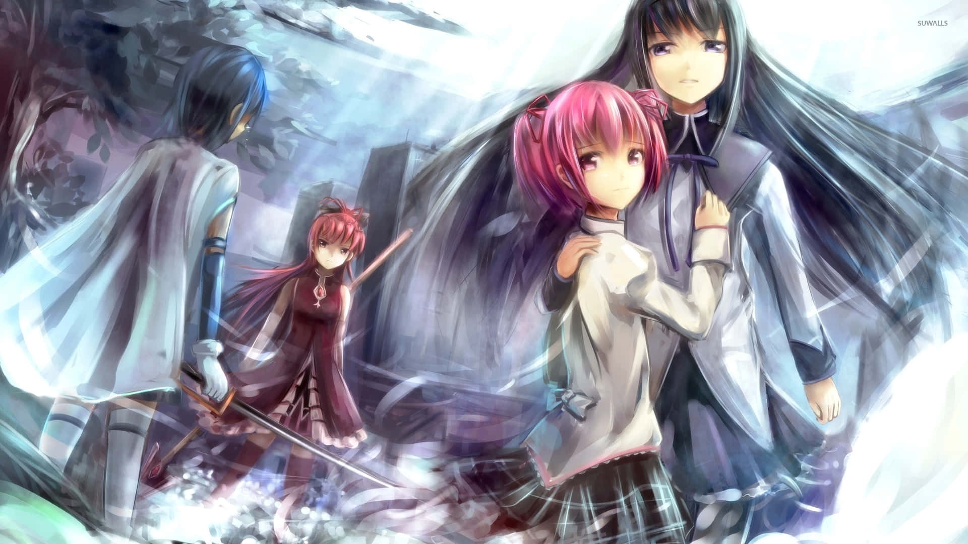 《魔法少女小圓》中的魔法少女們 壁紙 — 四個動漫角色站在迷霧繚繞、空靈的森林中，伴隨著旋轉的光線和戲劇性的姿勢。