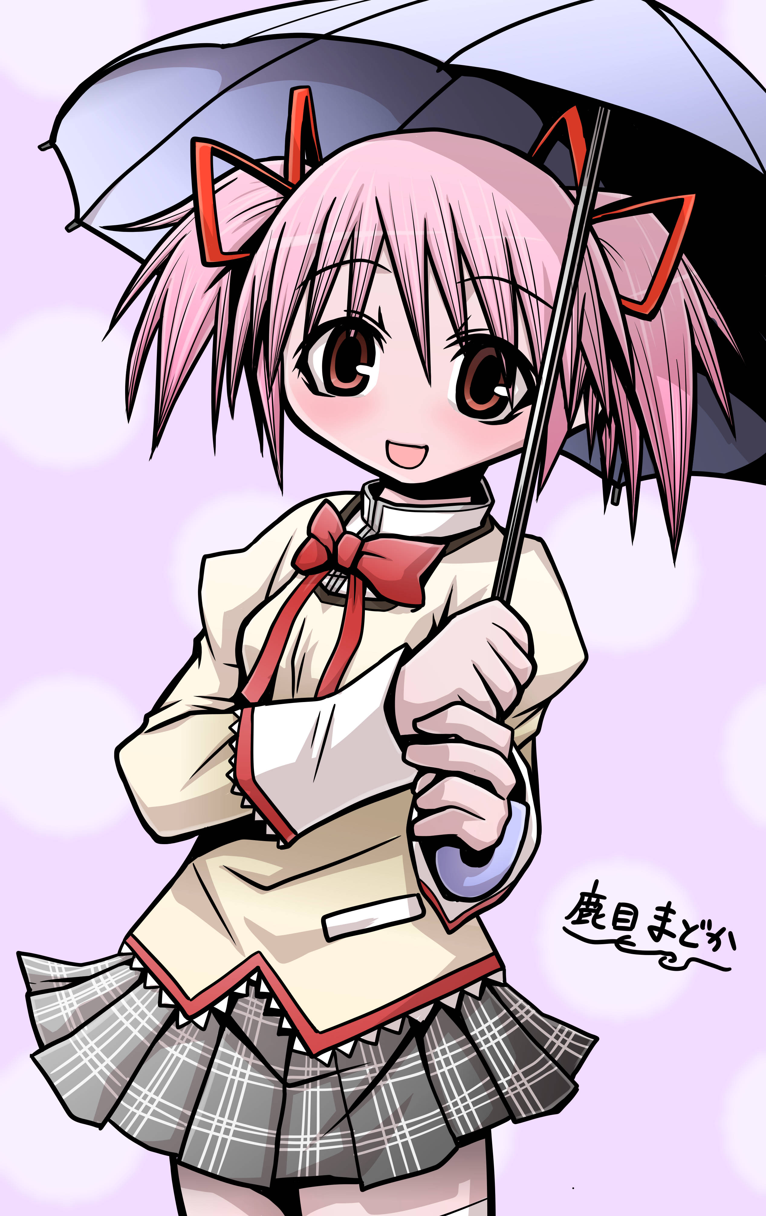 魔法少女小圓 乾燥傘 壁紙 — 一個開心的動漫女孩，粉紅色頭髮和貓耳朵，在柔和的紫色背景前拿著一把黑色雨傘。