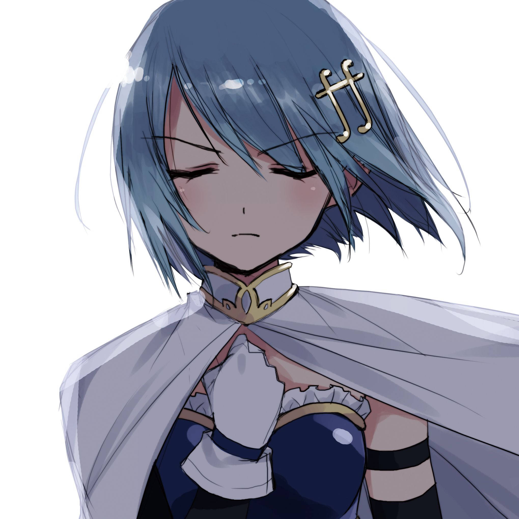 魔法少女小圓 情感美樹 壁紙 — 一位藍髮動漫女孩，戴著金色髮夾和披風，在白色背景前低頭沉思。