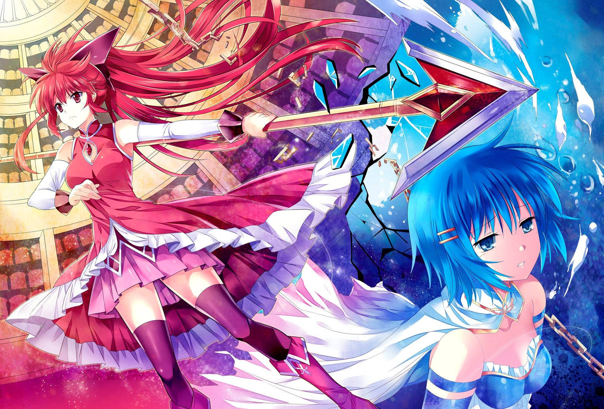 魔法少女小圓 櫻花與美樹 壁紙 — 兩個動漫女孩在動態戰鬥中碰撞——一個紅頭髮揮舞長矛，另一個藍頭髮在宇宙場景中。