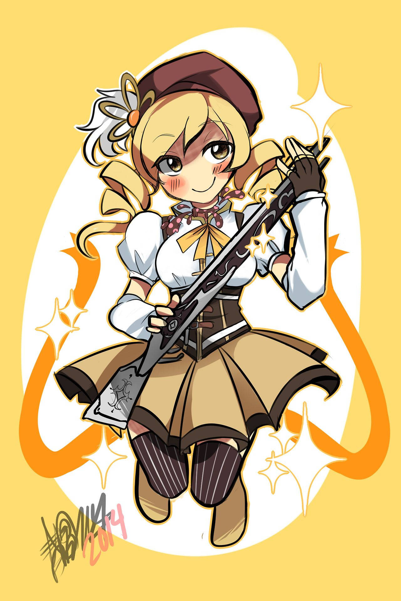 魔法少女小圓 激萌桃矢 壁紙 — 一個開心的動畫女孩，金髮戴貝雷帽，手持大劍，閃爍的星星和橙色漩渦圍繞著她，背景為黃色。