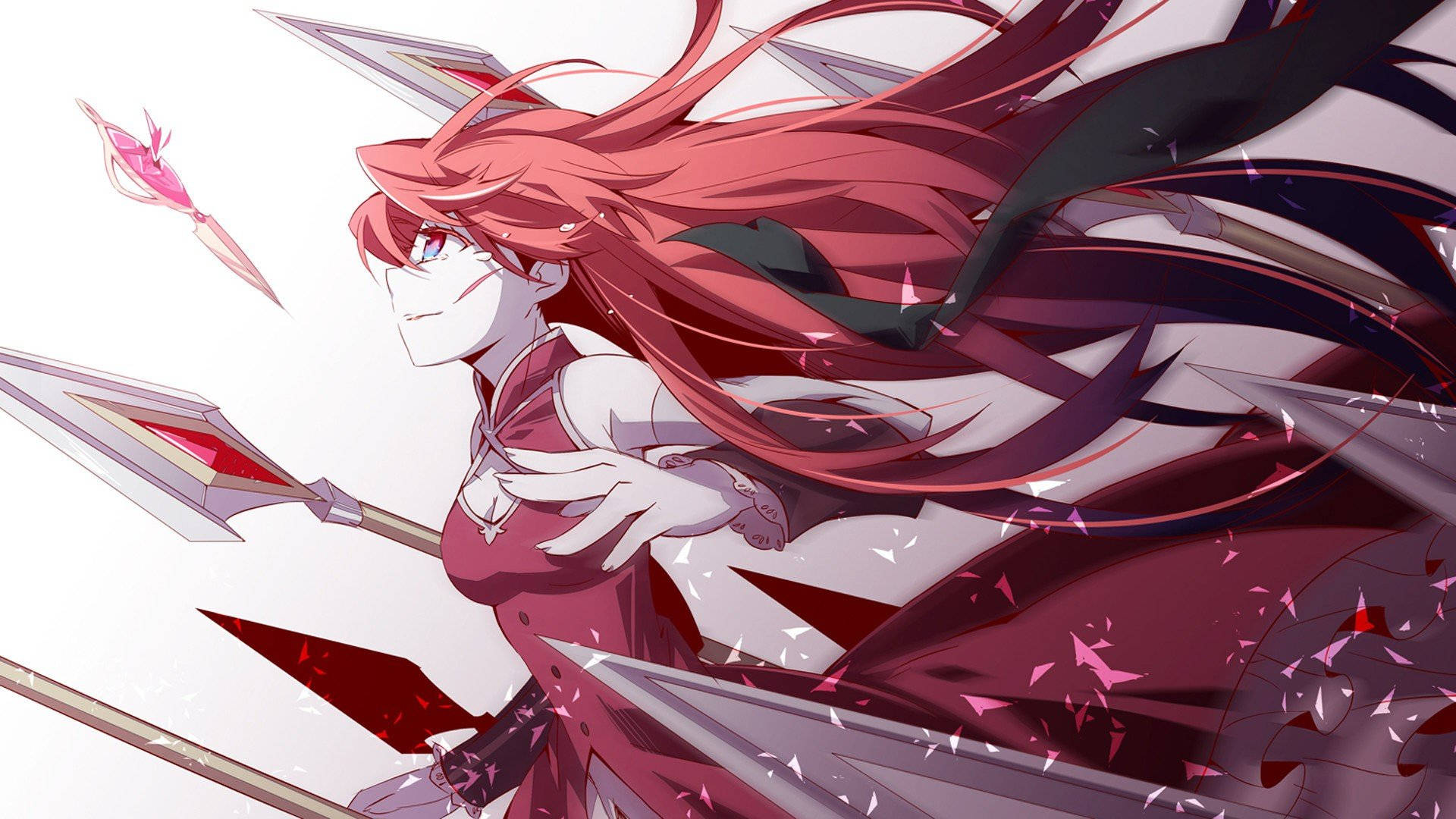 魔法少女小圓 鐮刀戰士 壁紙 — 一個動態動漫女孩，飄逸的紅髮，在純白背景下，於破碎的粉紅色碎片中揮舞長矛。