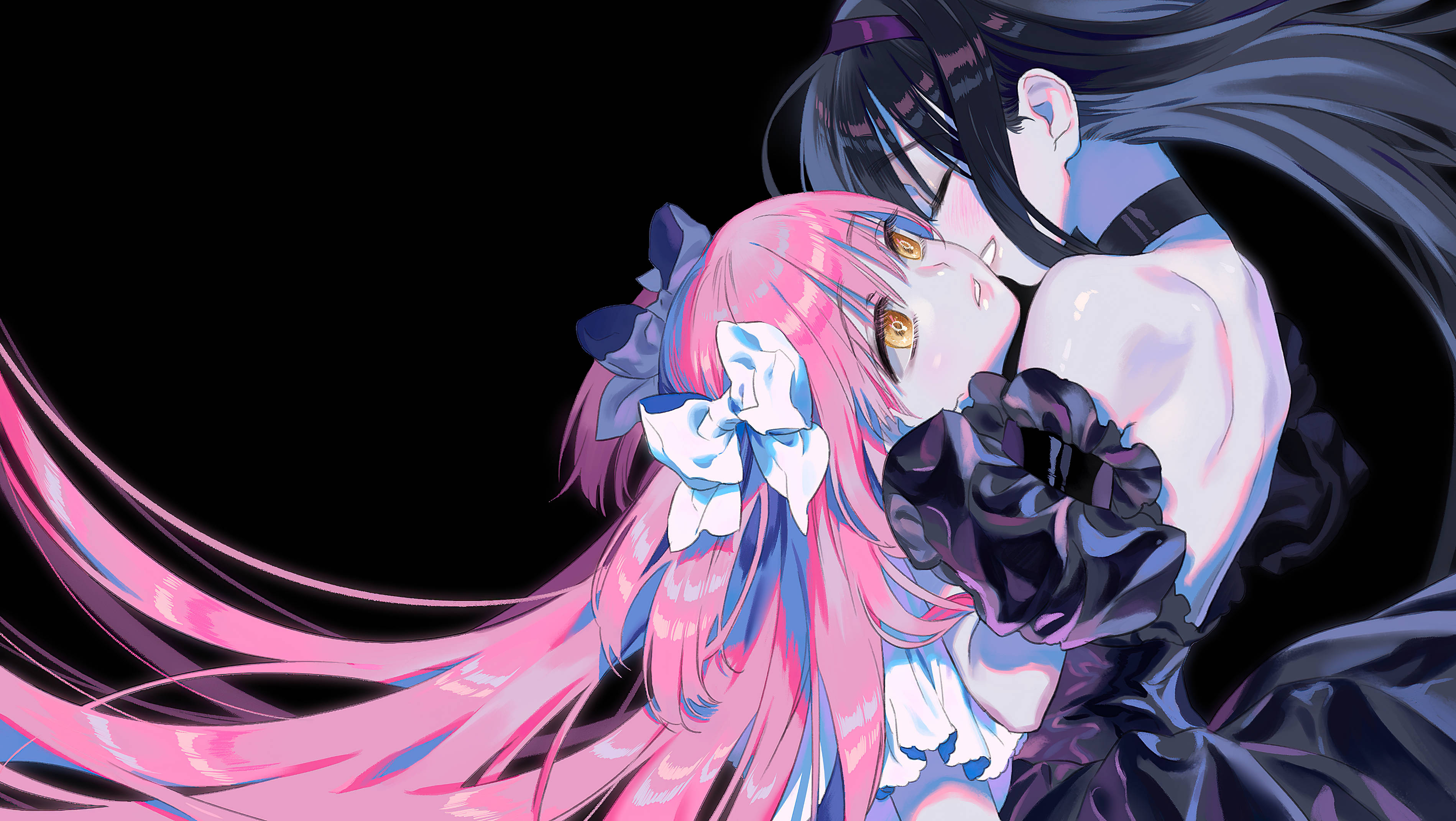 魔法少女小圓 黑色魔女 壁紙 — 一個粉紅色頭髮、金色眼睛的動漫女孩在黑色背景前被一個深色頭髮的人物擁抱。