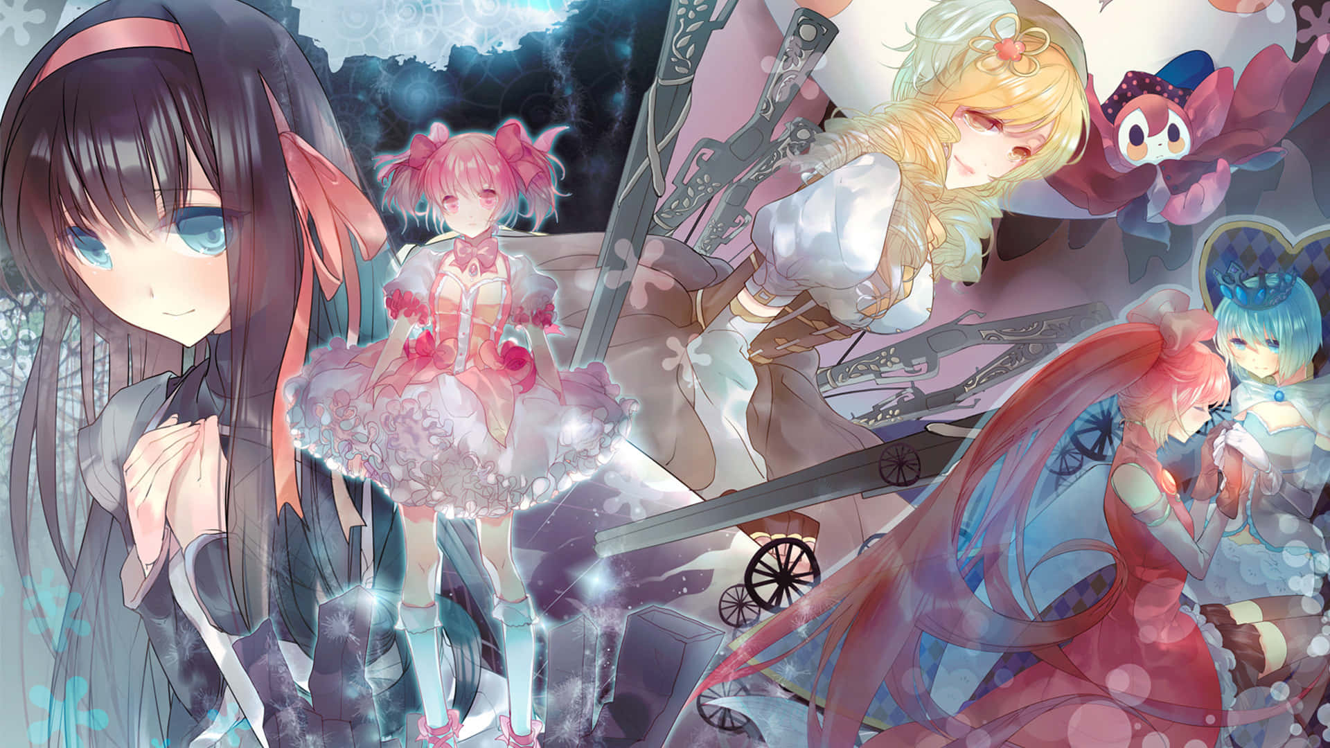 魔法少女的悲傷 壁紙 — 一張充滿活力的動漫壁紙，描繪了五位穿著奇幻服飾、帶有魔法閃光和漂浮武器的女性角色。
