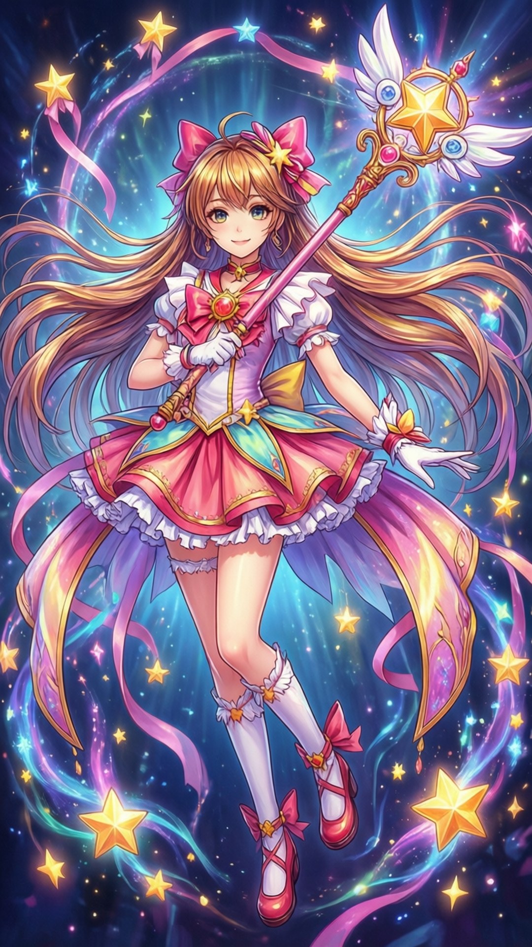穿著粉紅色連衣裙的動漫女孩，手持星形魔杖，周圍環繞著閃爍的星星和絲帶。