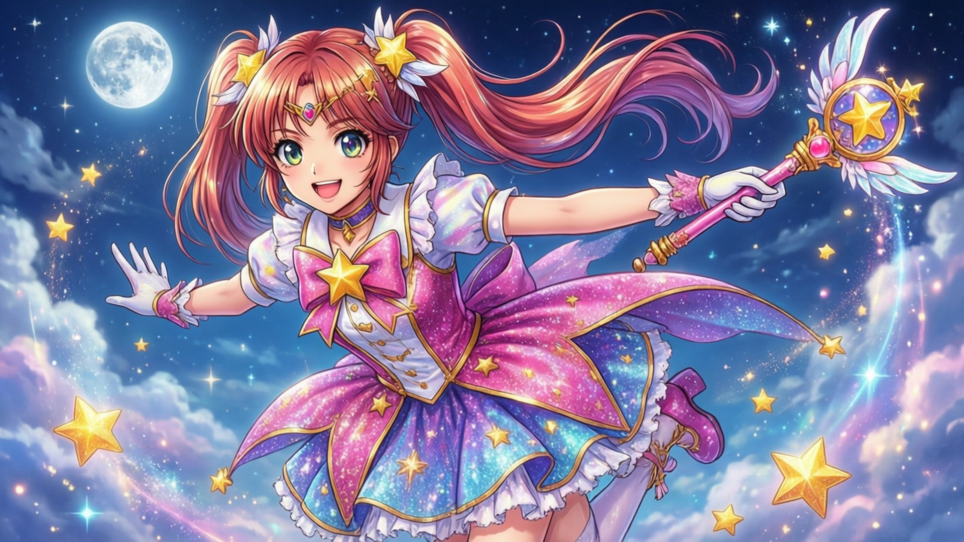 魔法少女音奈 壁紙 — 一個開心的動漫女孩，戴著星星主題的髮飾，穿著閃閃發光的紫色連衣裙，在滿月下揮舞魔法棒，周圍環繞著星星。