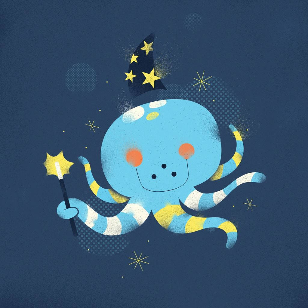 一隻卡通章魚戴著巫師帽，拿著被星星包圍的魔杖。