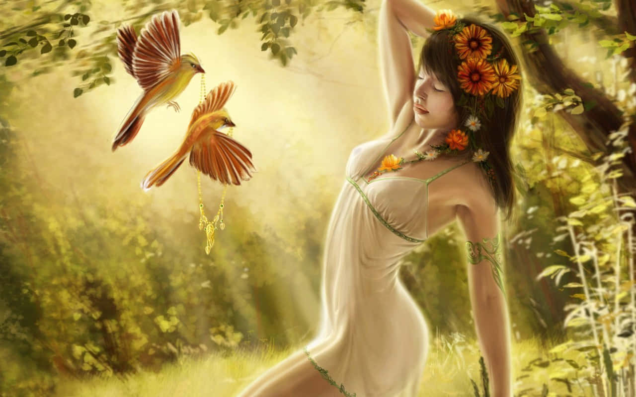 一位戴著花冠的女子平靜地站著，鳥兒在陽光中攜帶一條金色鏈條。