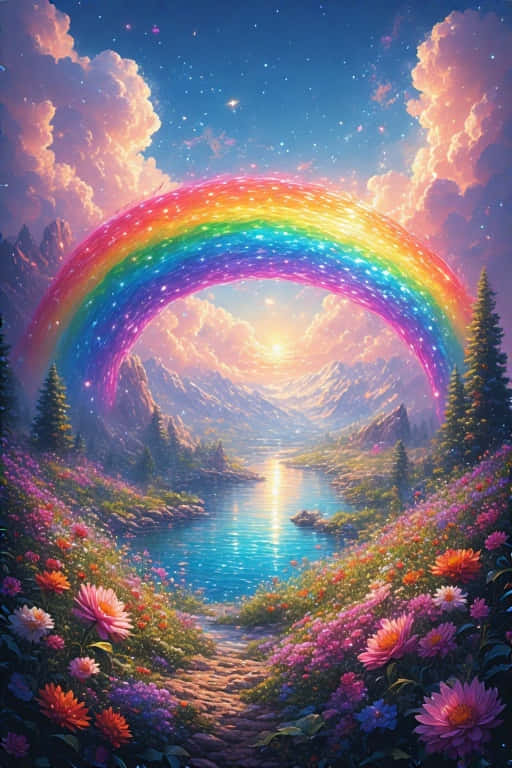 魔法幻想彩虹，超寫實4K 壁紙 — 一道鮮豔的彩虹橫跨在寧靜的山間湖泊上，周圍是盛開的花朵，天空繁星點點。