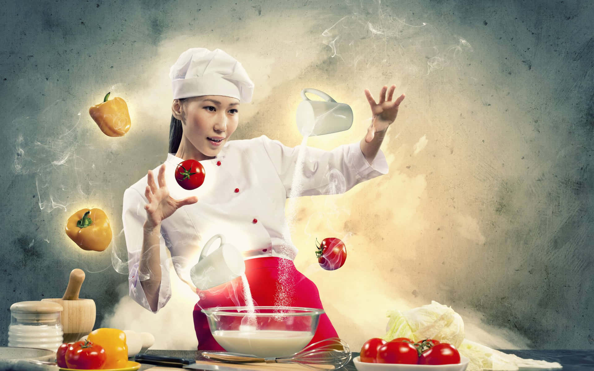 廚師在神秘廚房裡召喚漂浮的蔬菜和牛奶。