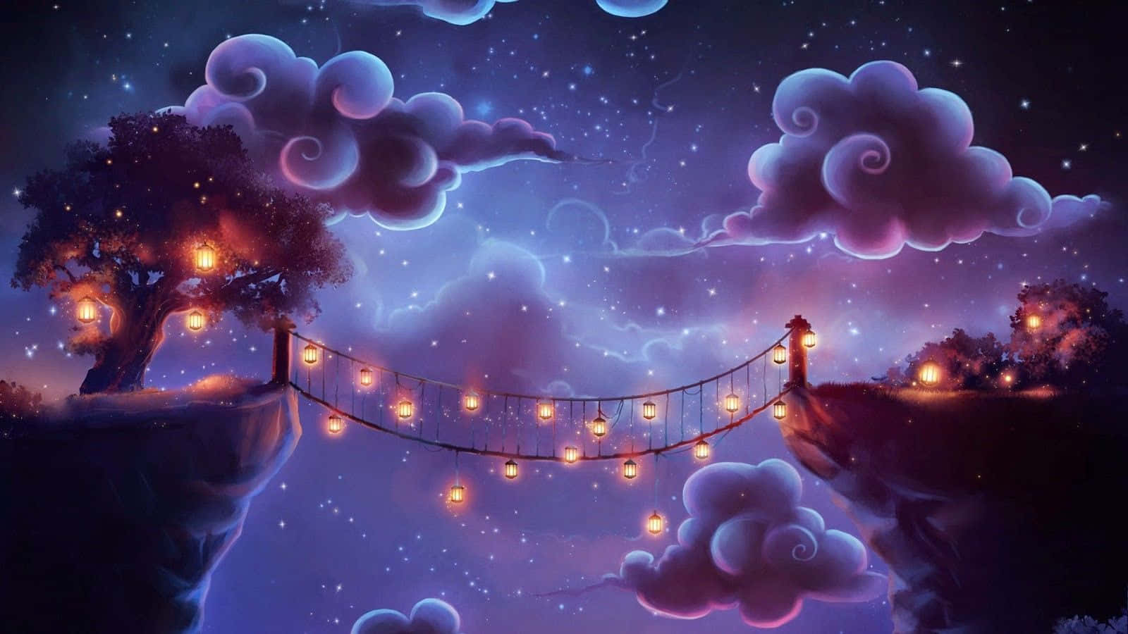 一條發光的燈籠橋連接兩個懸崖，下方是星空紫色天空，雲朵旋轉。