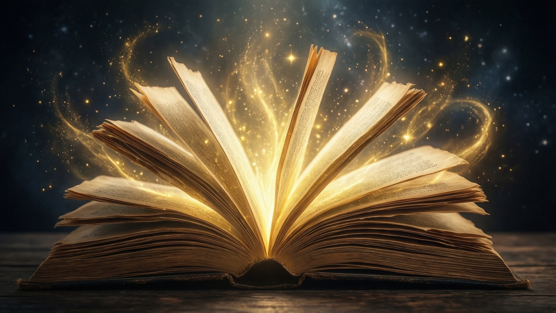 魔法書 壁紙 — 一本古老的打開的書在星空宇宙背景下散發出金色的魔法和旋轉的火花。