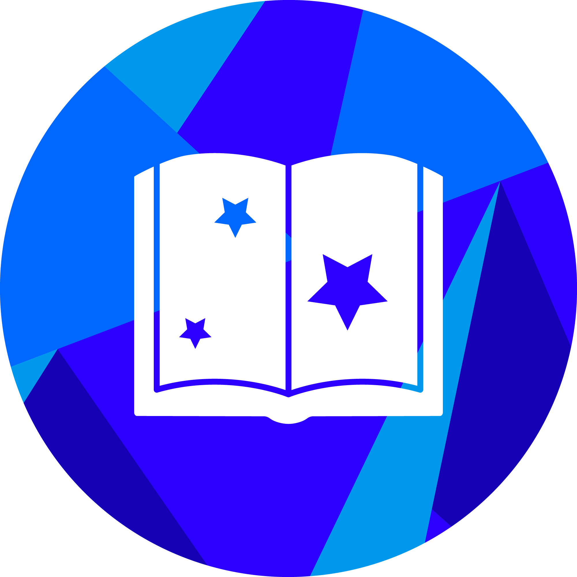 魔法書圖標 壁紙 — 一本白色打開的書，書頁上有藍色星星，背景是充滿活力的幾何藍色圓形。