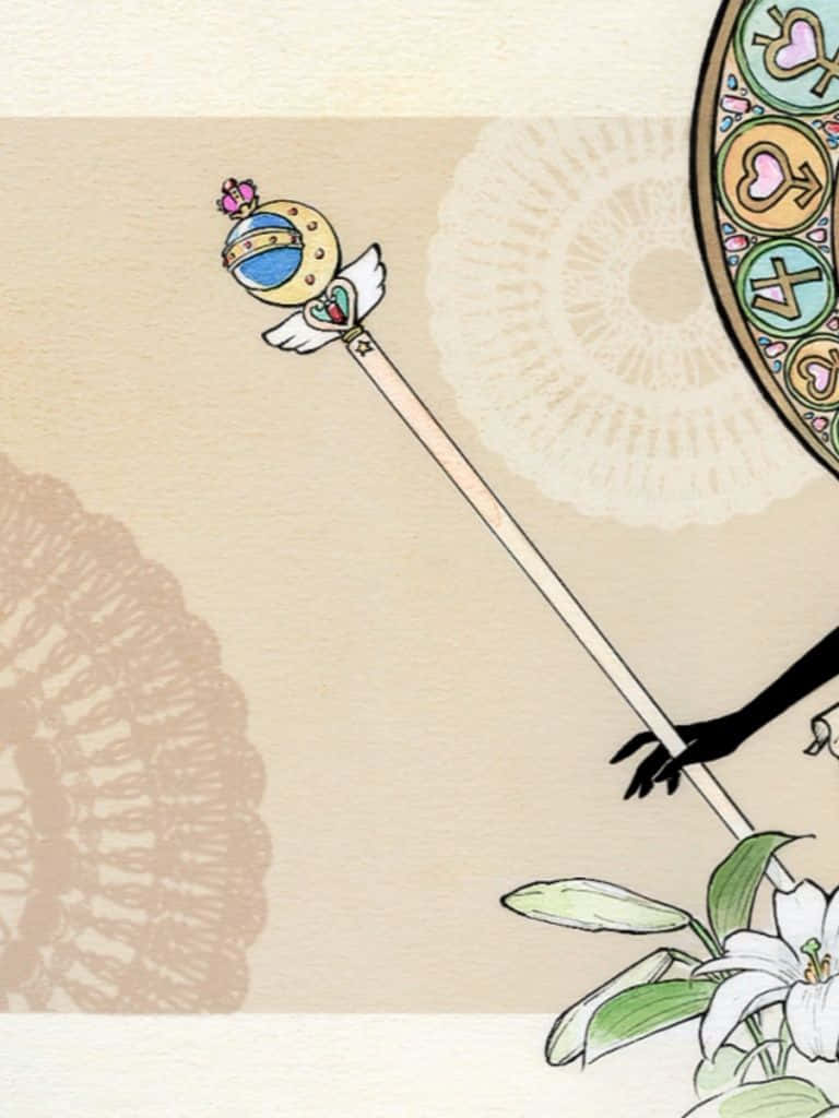 一隻手在蕾絲背景上拿著一根帶有翼狀球體和百合花的魔法杖。