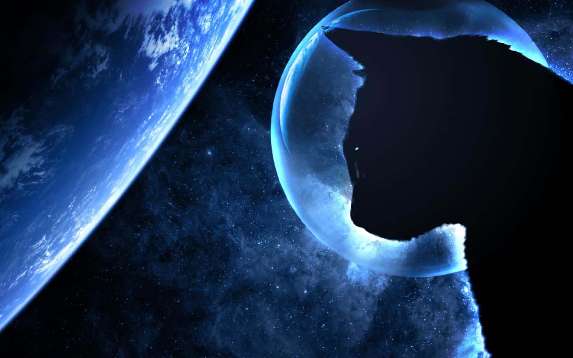 在星際太空中，地球旁邊帶有鋸齒狀剪影的藍色行星。