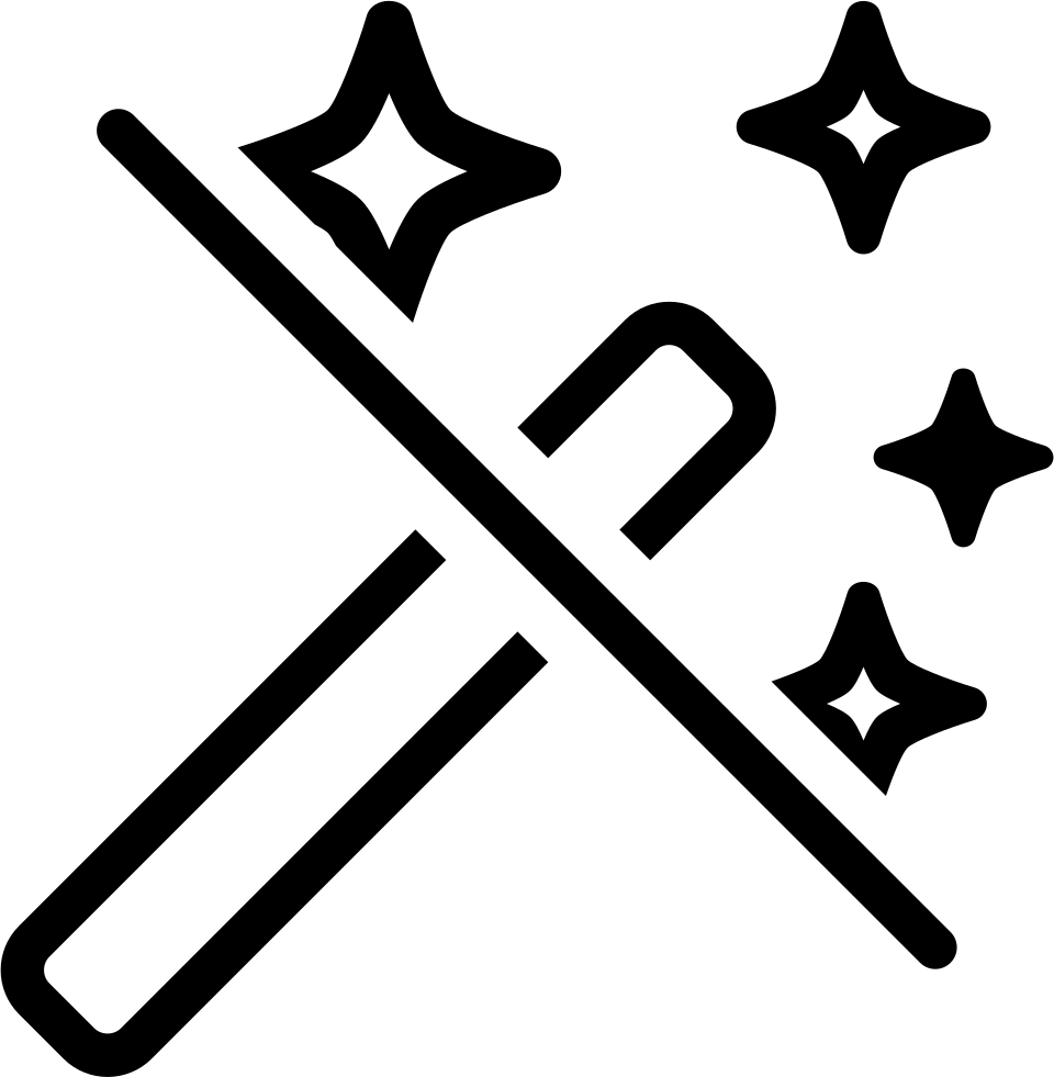 魔法棒與星星圖標 壁紙 — 白色背景上交叉魔法杖與閃爍星星的黑色線條藝術。