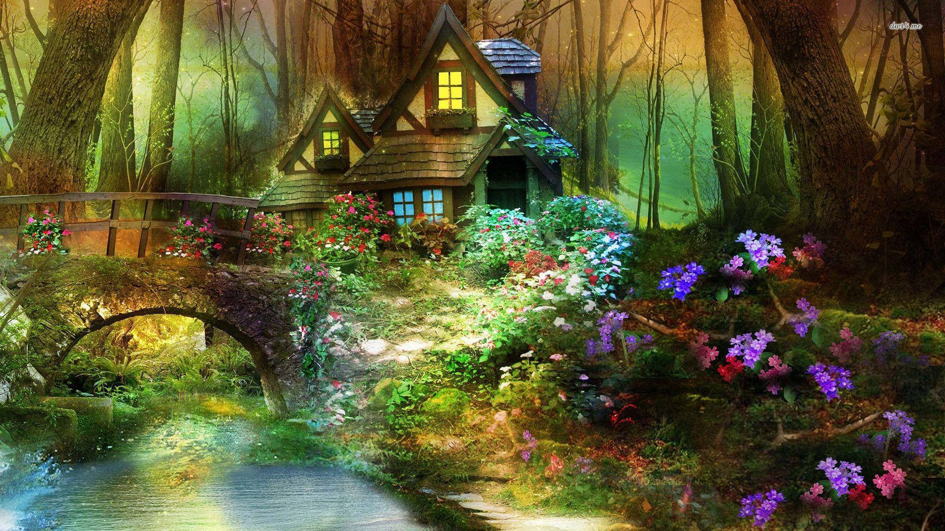 魔法森林中的舒適小屋，配有石橋和色彩繽紛的花朵