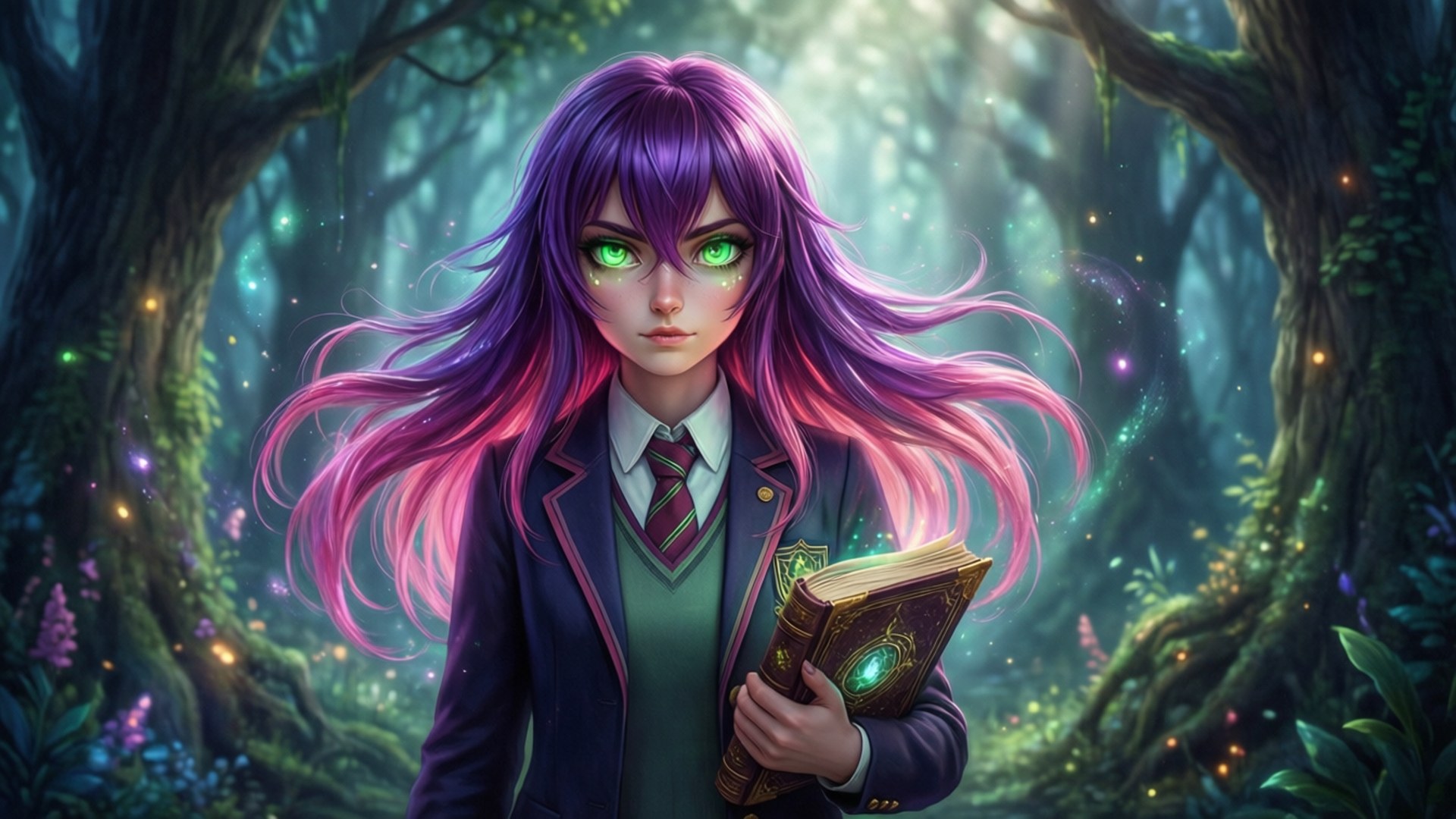 魔法森林中的阿米蒂·布萊特 壁紙 — 一個擁有發光綠色眼睛和紫粉色頭髮的女學生，在神秘森林中拿著一本發光的書。
