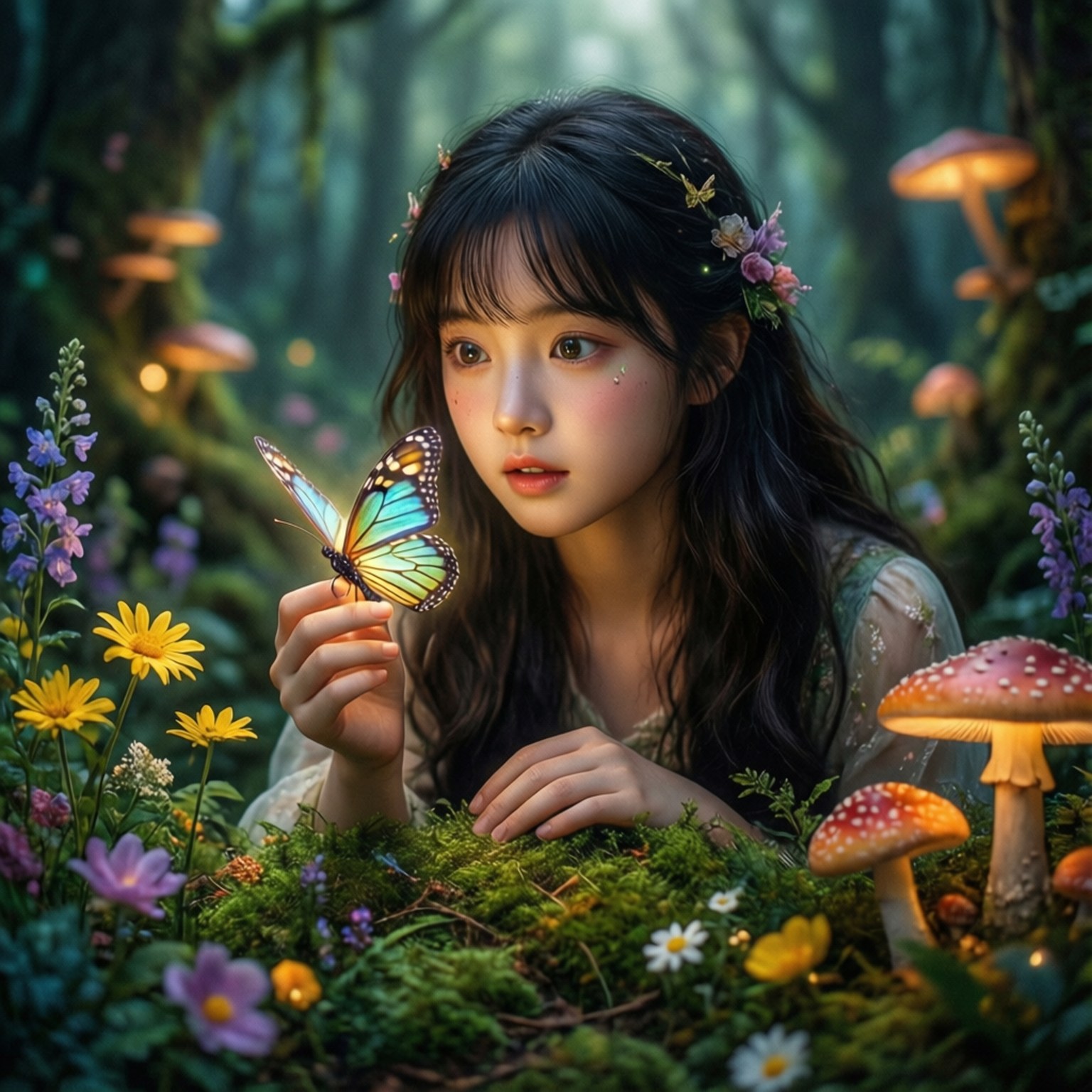 魔法森林冒險 壁紙 — 一位黑髮上飾有花朵的年輕女子，在陽光明媚、長滿苔蘚的森林中，輕輕捧著一隻鮮豔的藍橙色蝴蝶，森林裡佈滿發光的蘑菇和色彩繽紛的野花。