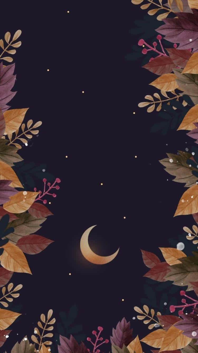 魔法森林夜空壁紙 壁紙 — 一彎新月在秋葉和纖細樹枝框住的星空下柔和地發光。