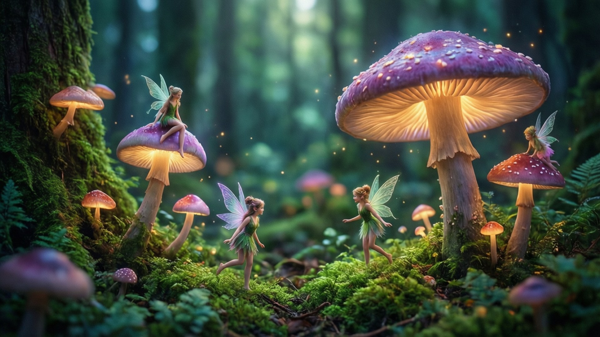 帶住發光翅膀嘅仙子喺苔蘚森林入面，喺巨型發光蘑菇之間跳舞。