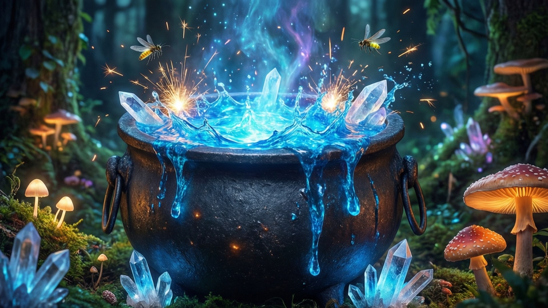 一個在發光的魔法森林中冒著藍色能量和水晶的魔法大鍋。