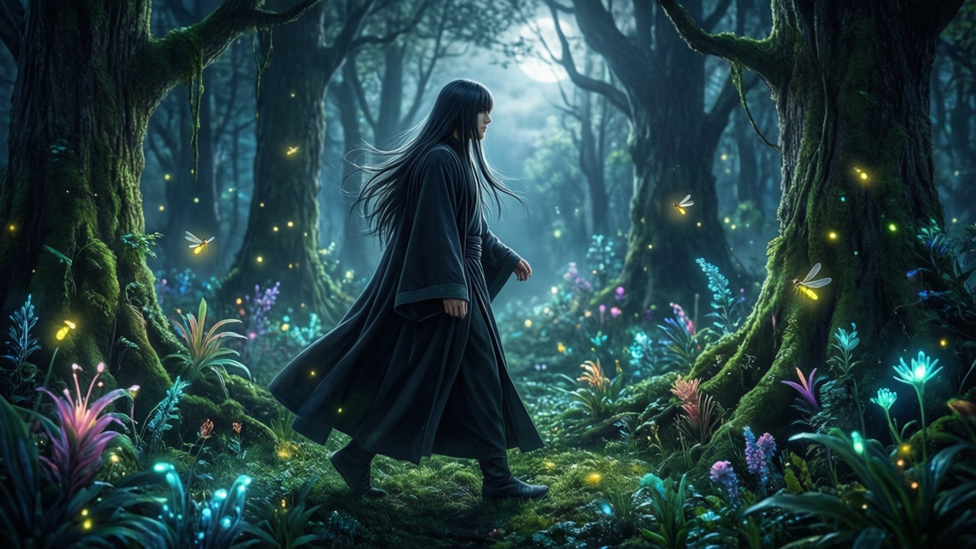 一個穿著深色長袍的人在夜晚走過一個發光的魔法森林。