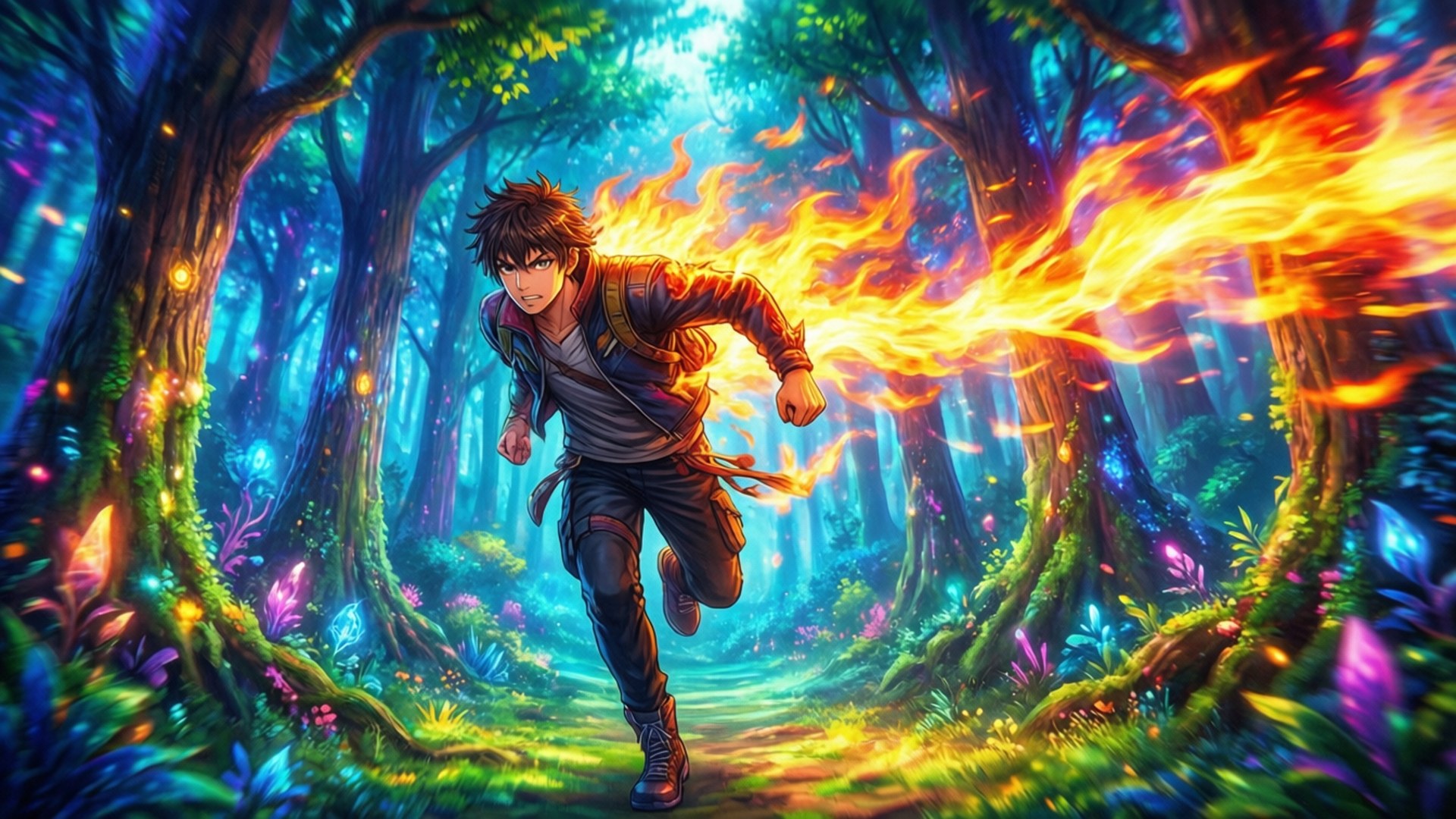 魔法森林疾馳 壁紙 — 一個年輕男子穿過發光的魔法森林，手中拖曳著火焰能量。