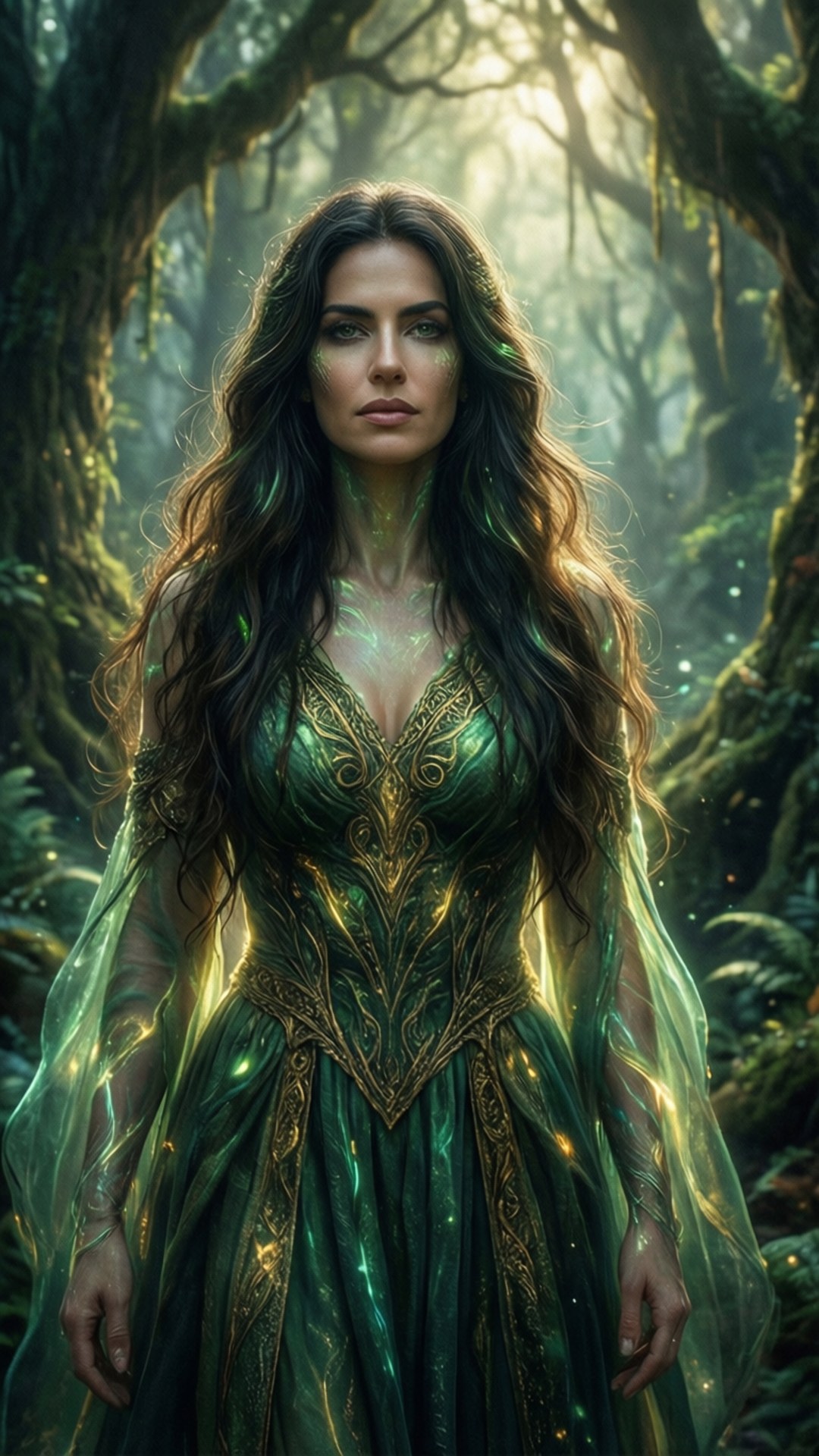 魔法森林精靈 壁紙 — 一位身穿發光綠色長袍的神秘女子，寧靜地站在陽光斑駁、樹木長滿苔蘚的古老森林中。