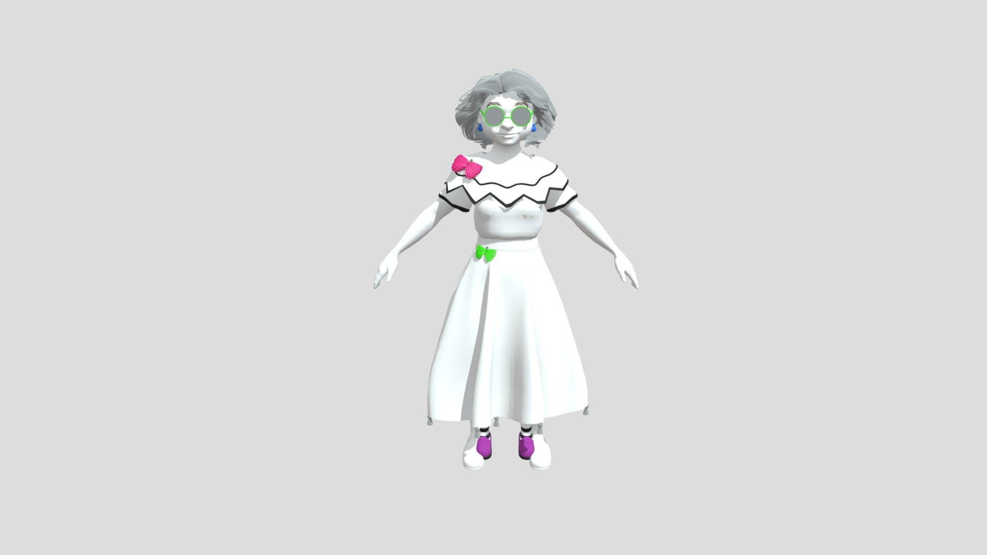 魔法滿屋 米拉貝爾 3D 藝術 壁紙 — 一個風格化的3D渲染女性，灰色頭髮，綠色眼鏡，白色連衣裙帶有彩色點綴，站在純灰色背景前。