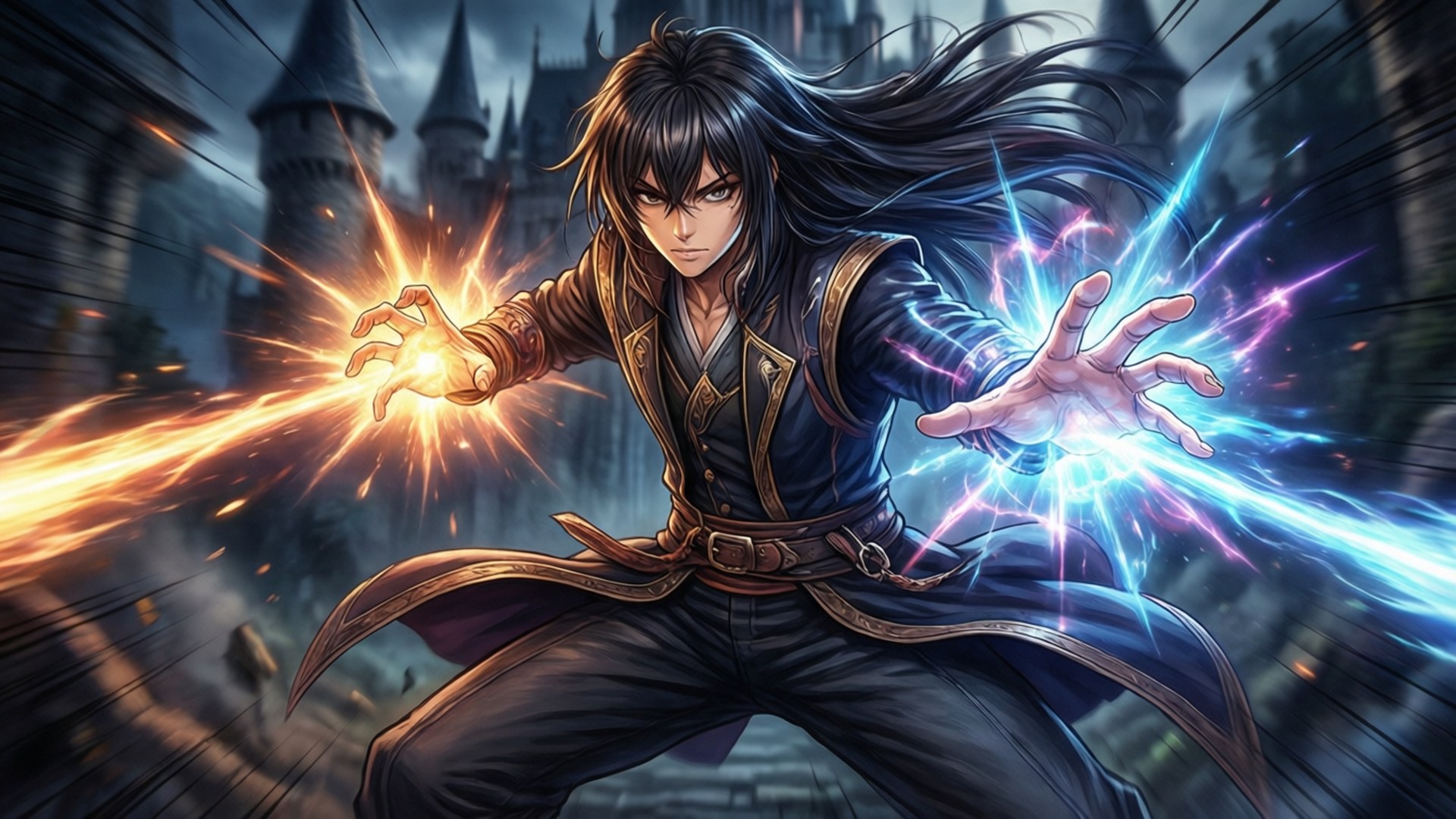 動畫法師在哥德式城堡中施展火與閃電魔法。