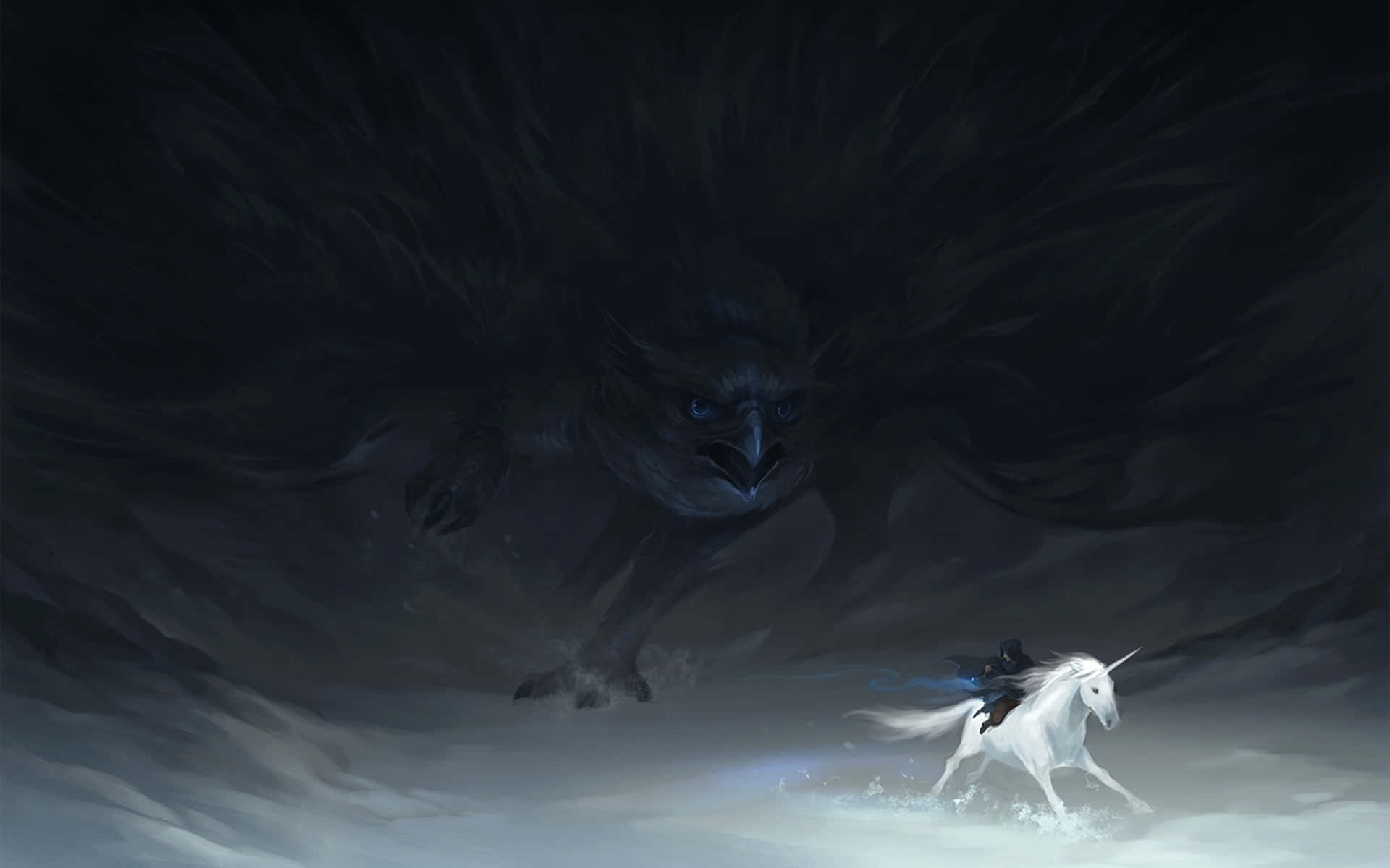 一個騎手騎著白色獨角獸在霧濛濛的夜晚場景中逃離一隻發光眼睛的巨大黑色鳥類。