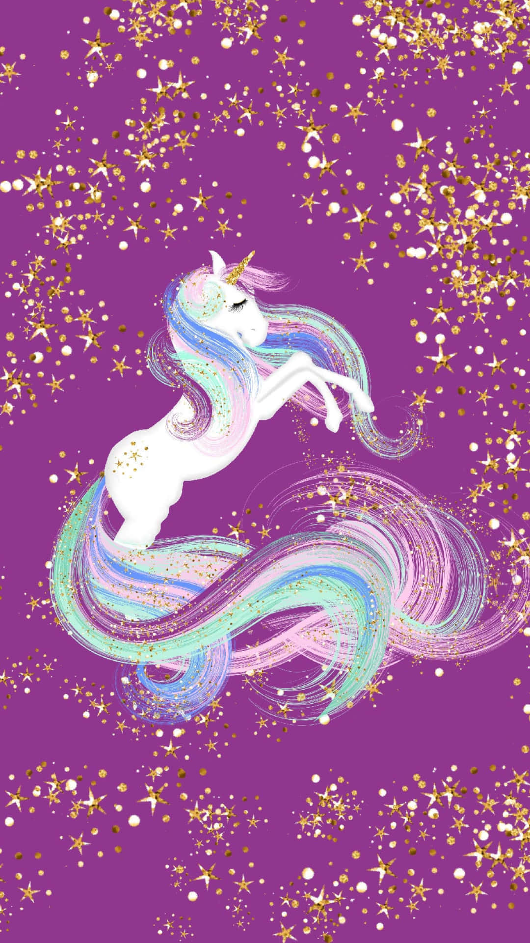 一隻擁有彩虹鬃毛和尾巴的魔法獨角獸，在佈滿星星的紫色天空中跳躍。