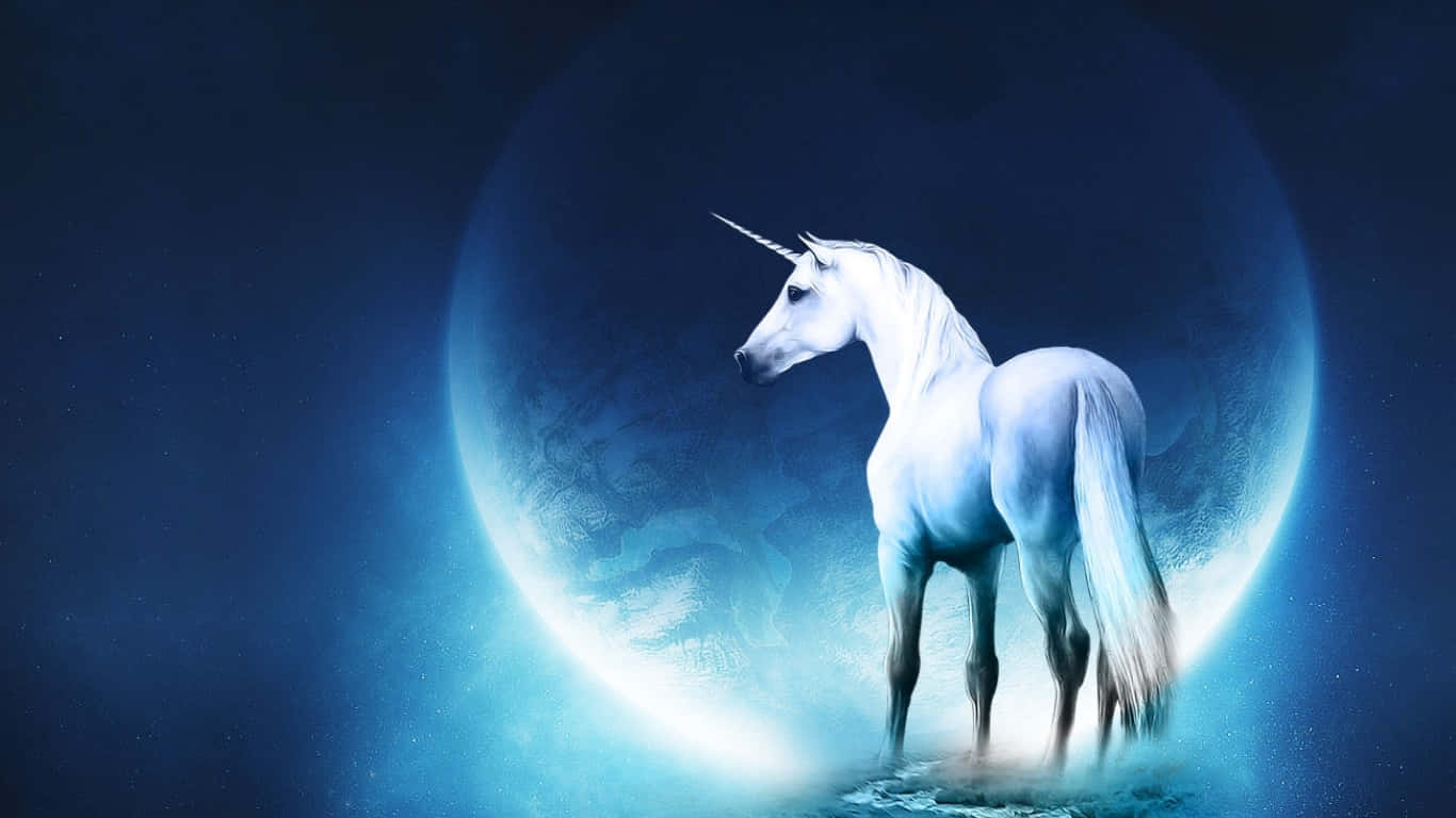 一匹發光的白色獨角獸站在神秘藍色夜空中的彎月前。