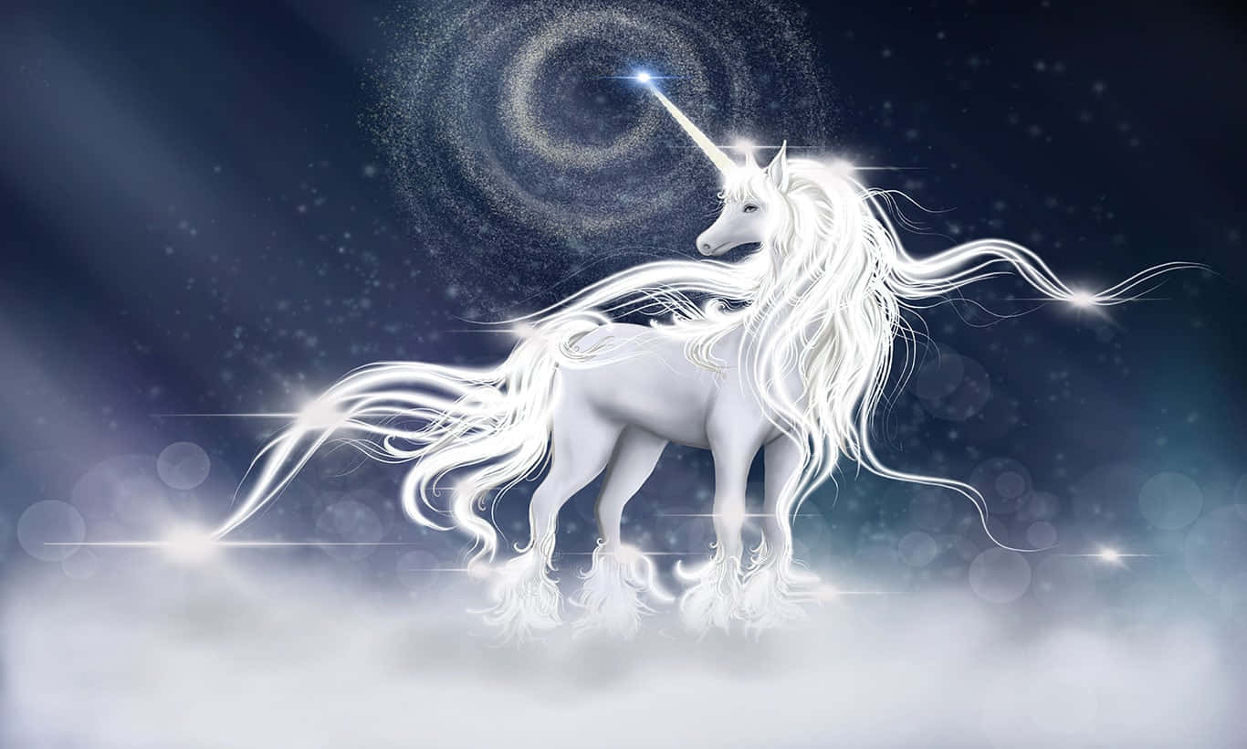 一隻發光的白色獨角獸站在旋轉星系下的雲端上。