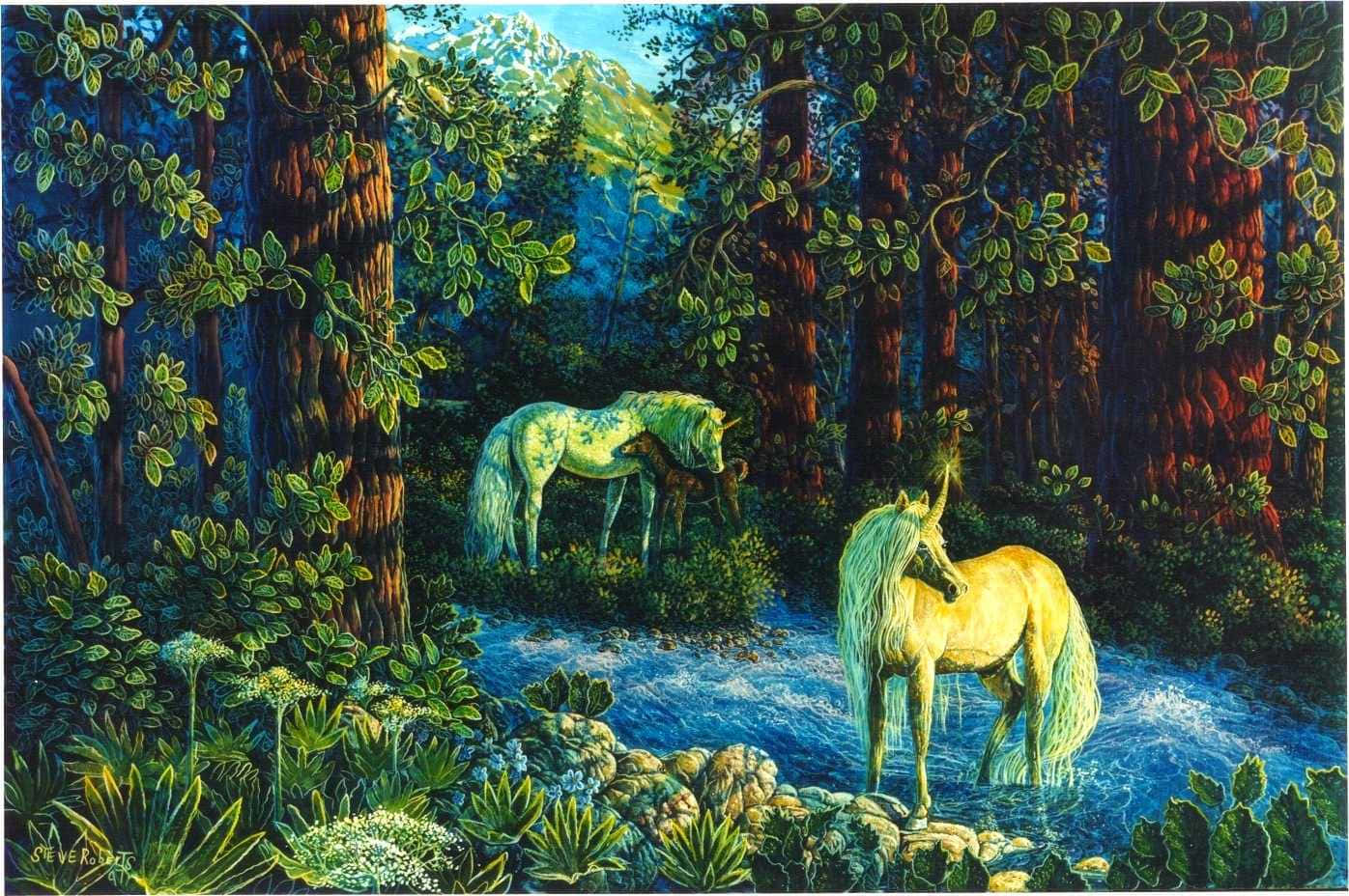 兩隻獨角獸在魔法森林中從小溪飲水，溪水發光，植被茂盛。