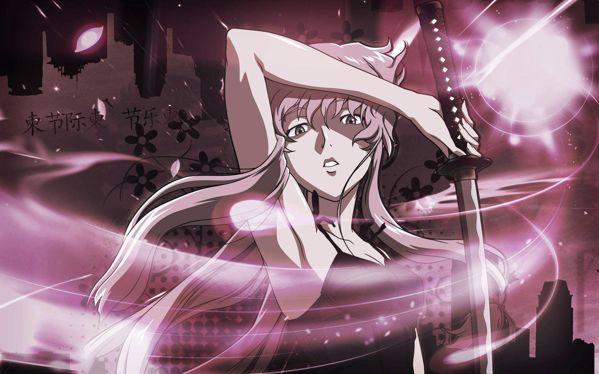 魔法的由乃·阿斯卡 壁紙 — 一個堅定的動漫女孩，長長的白髮，在黑暗的城市天際線背景下，握著一把刀，周圍環繞著發光的紫色能量條紋。