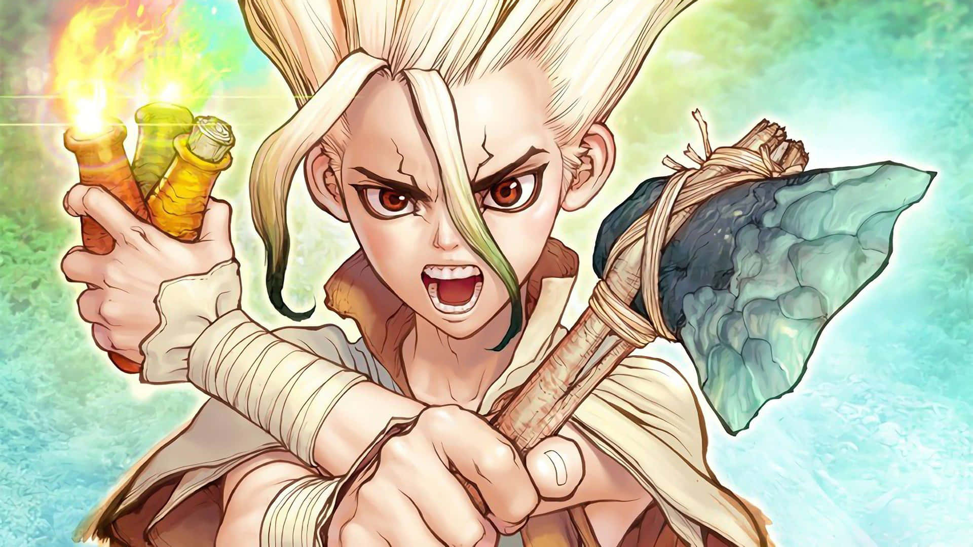 魔法石神博士畫面 壁紙 — 一個兇猛的金髮動漫戰士，在充滿活力的綠色和藍色背景下，緊握著石斧和發光的小瓶。