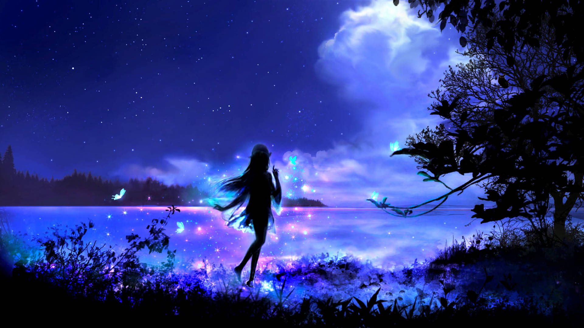 女孩在星空下閃閃發光的湖邊跳舞，伴隨著神奇的燈光。