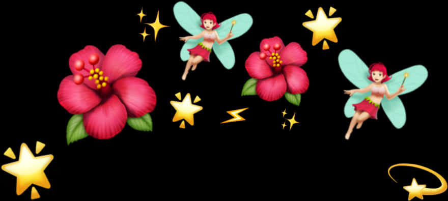 魔法精靈與花朵 壁紙 — 兩個擁有淺藍色翅膀的精靈在黑色背景上靠近粉紅色木槿花和發光的黃色星星盤旋。